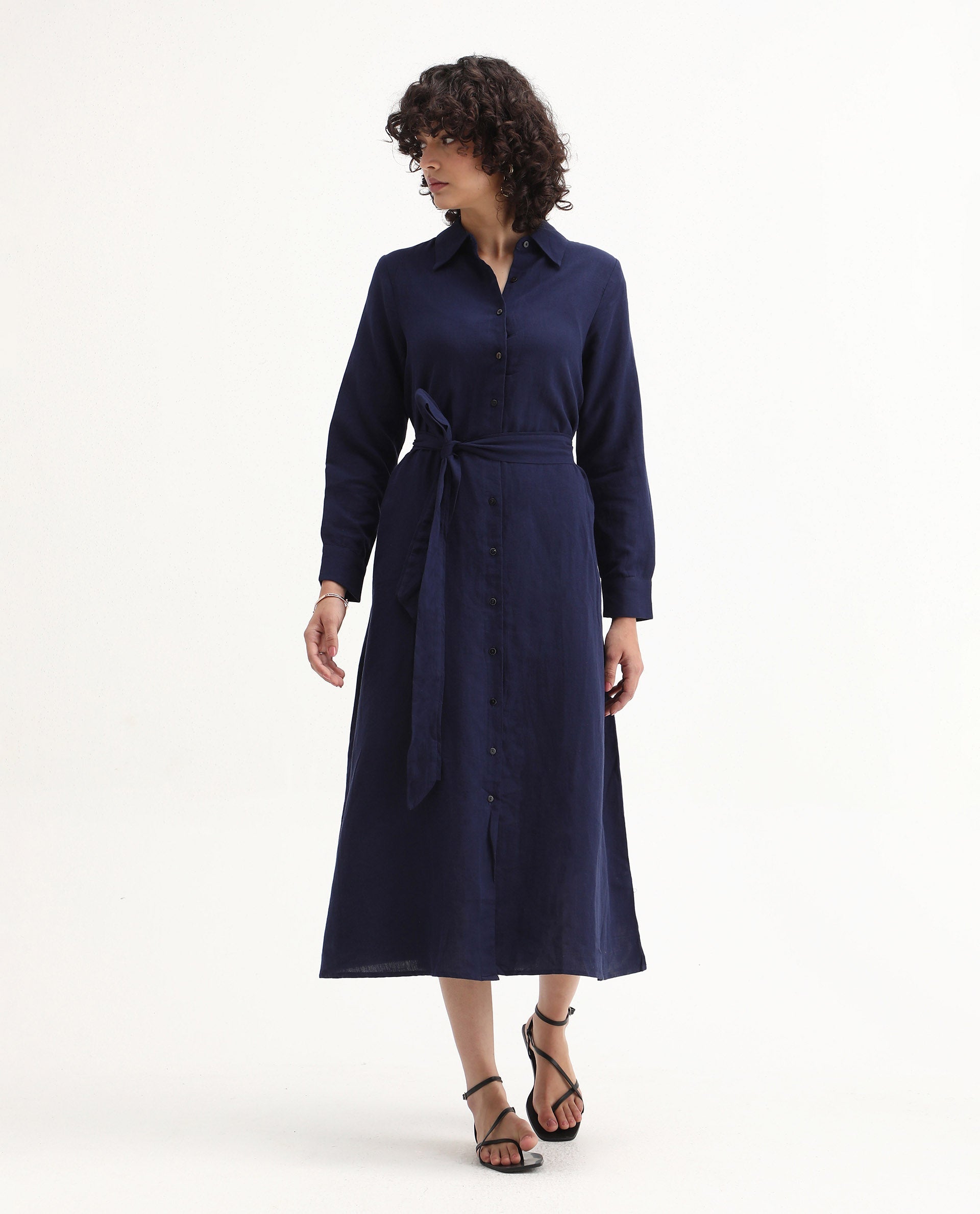 Rareism Women's Perif Dark Navy Linen Blend Drop Collar Plain Cuffed Sleeve Midi A-Line Dress