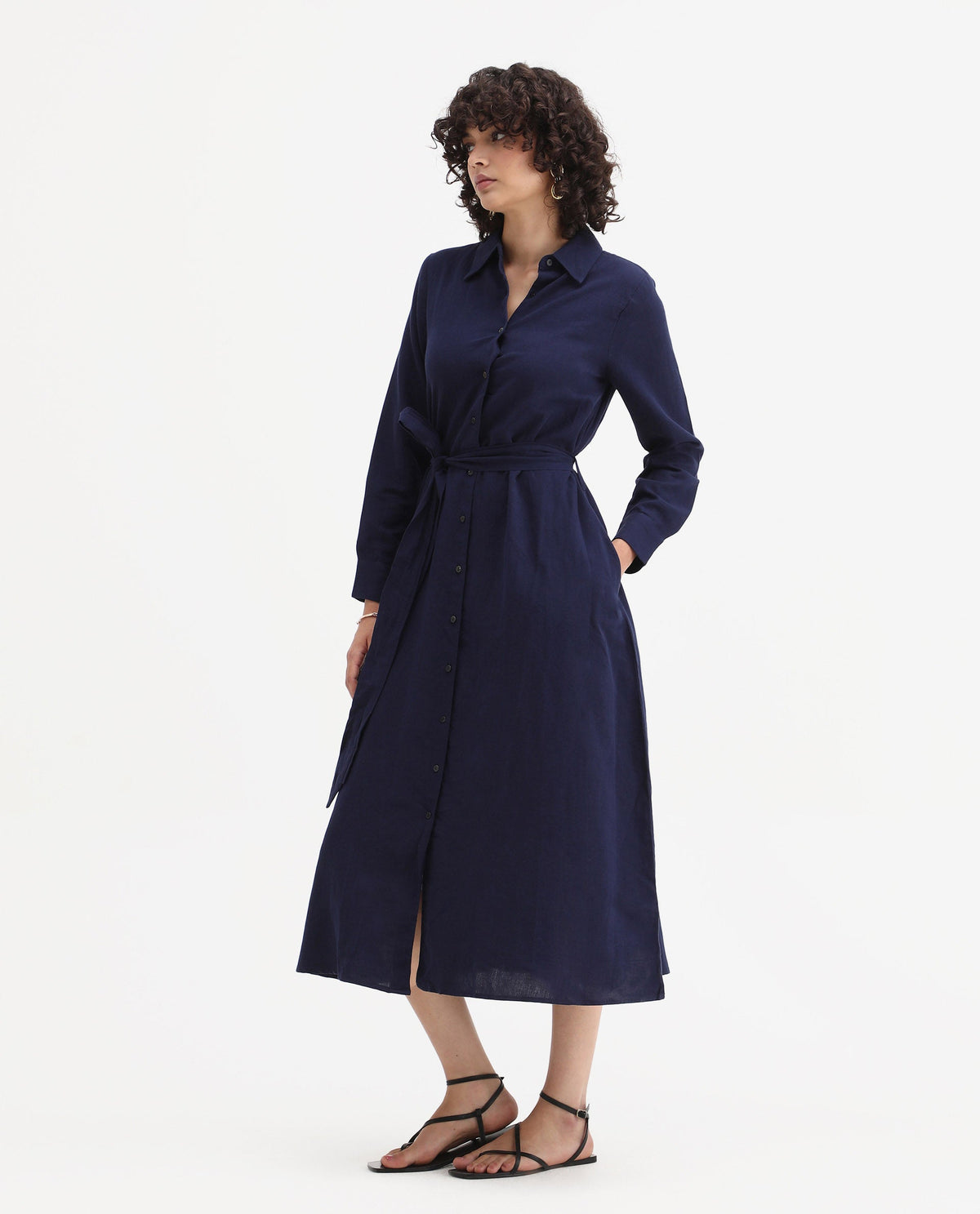 Rareism Women's Perif Dark Navy Linen Blend Drop Collar Plain Cuffed Sleeve Midi A-Line Dress