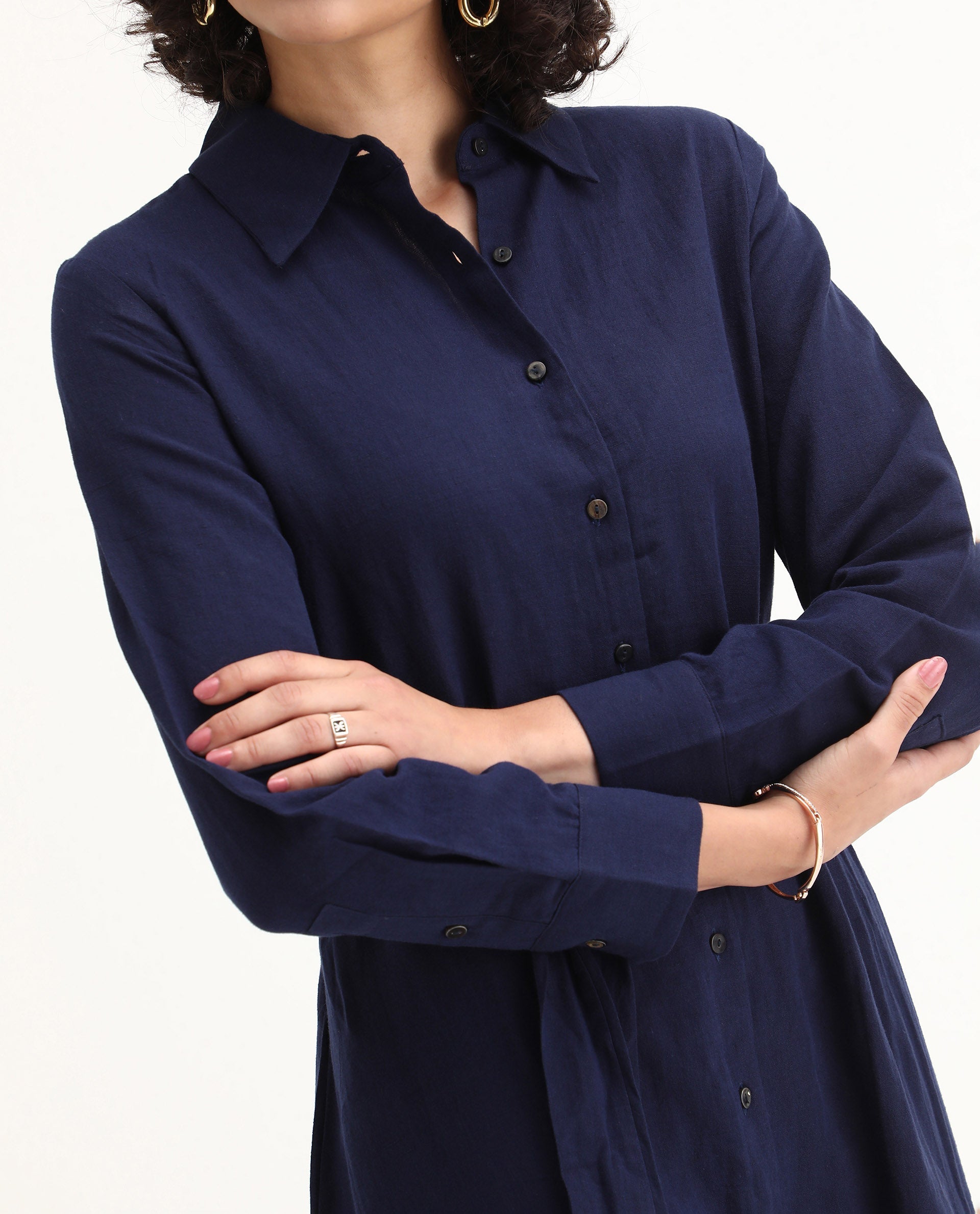 Rareism Women's Perif Dark Navy Linen Blend Drop Collar Plain Cuffed Sleeve Midi A-Line Dress