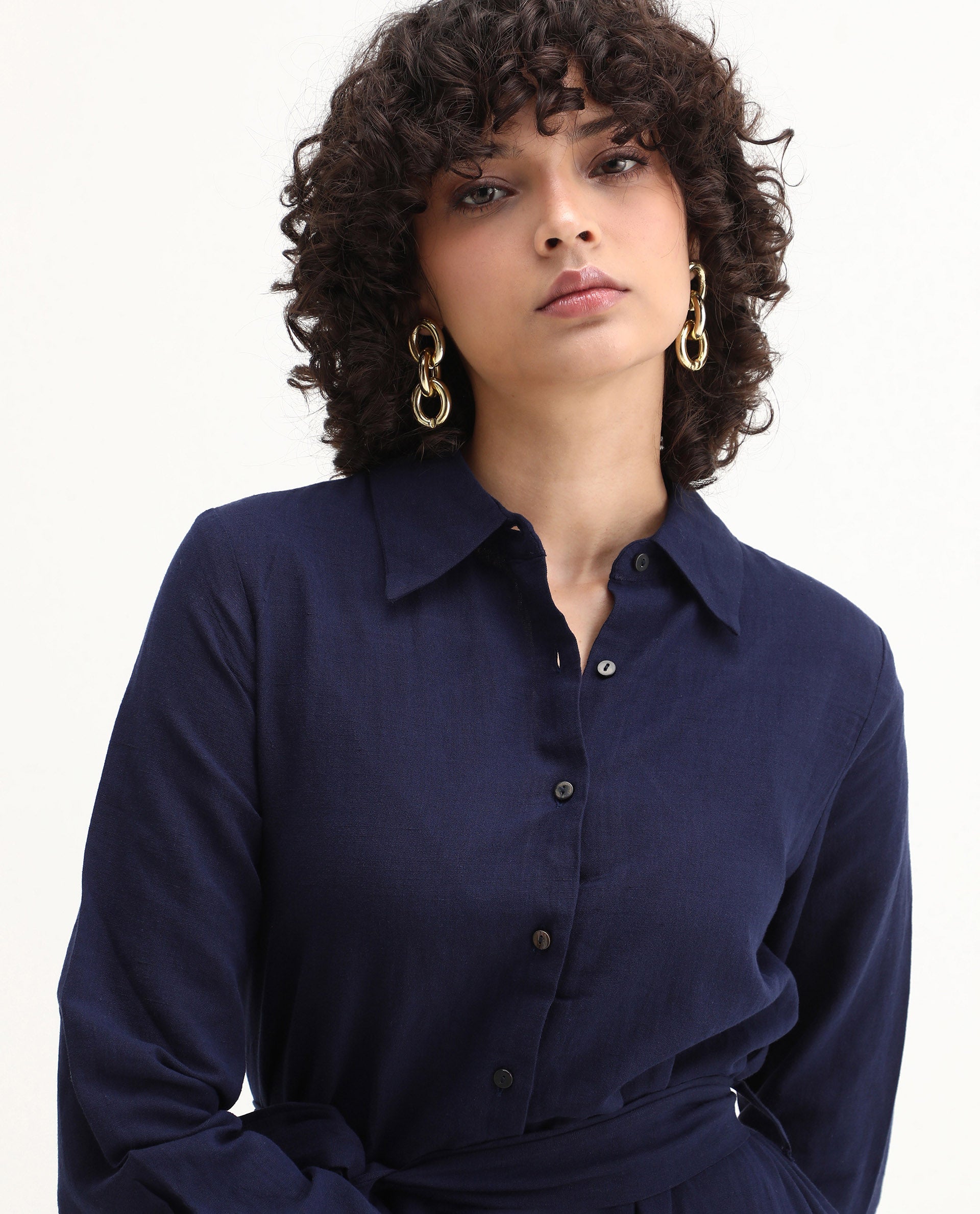 Rareism Women's Perif Dark Navy Linen Blend Drop Collar Plain Cuffed Sleeve Midi A-Line Dress