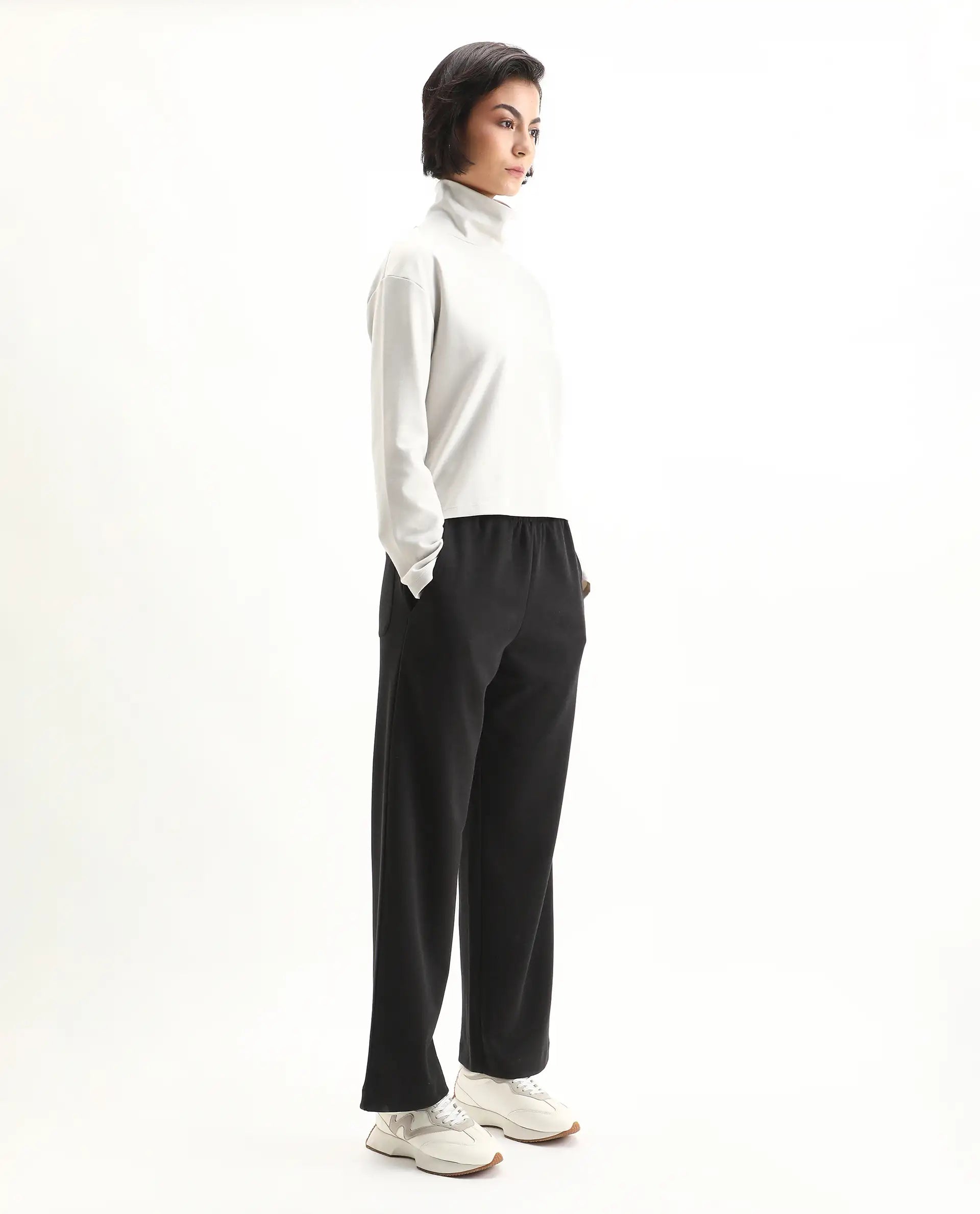 Rareism Women's Perk Black Cotton Blend Wide Ankle Length Printed Track Pant
