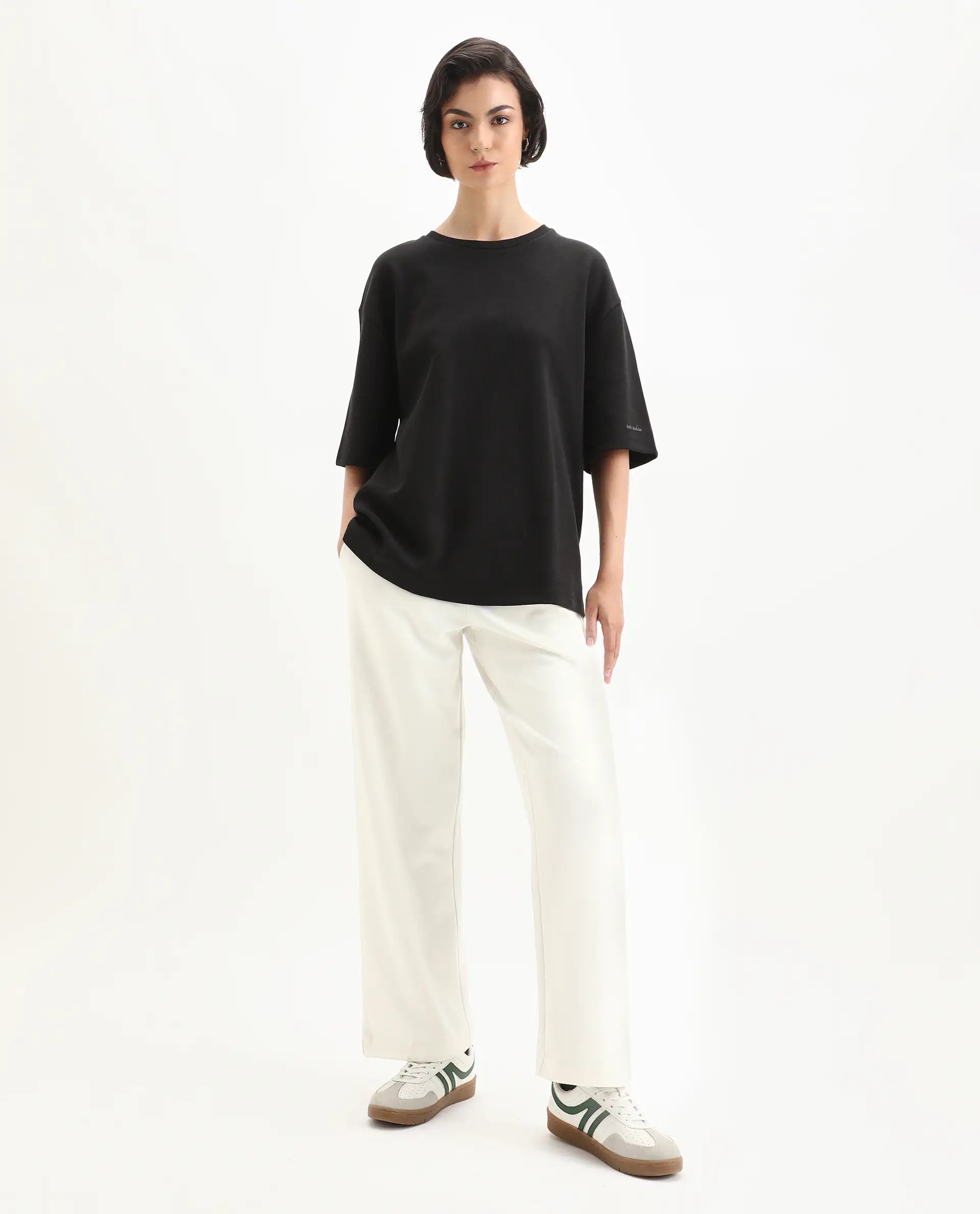 Rareism Women's Perk Off White Cotton Blend Wide Ankle Length Printed Track Pant