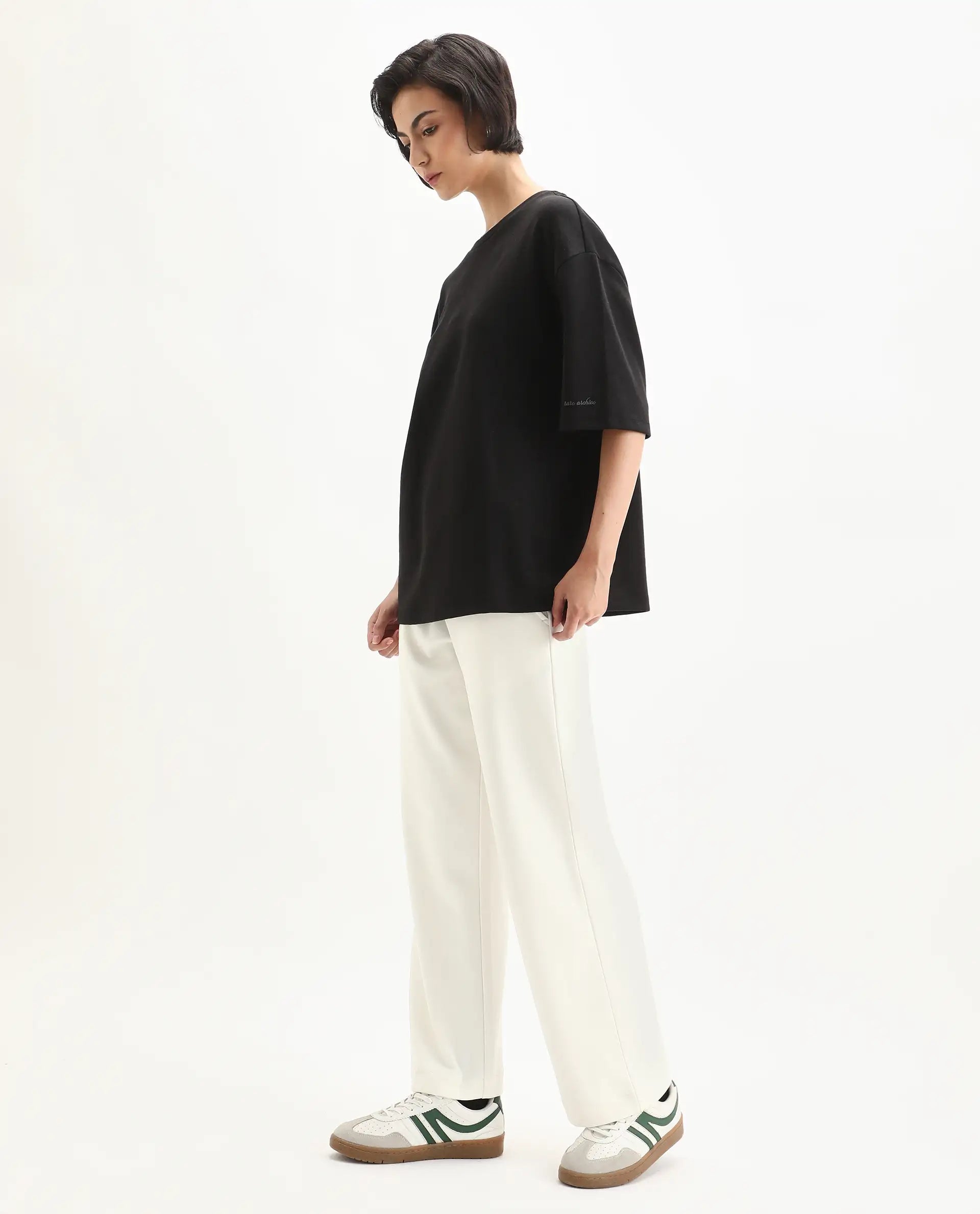 Rareism Women's Perk Off White Cotton Blend Wide Ankle Length Printed Track Pant