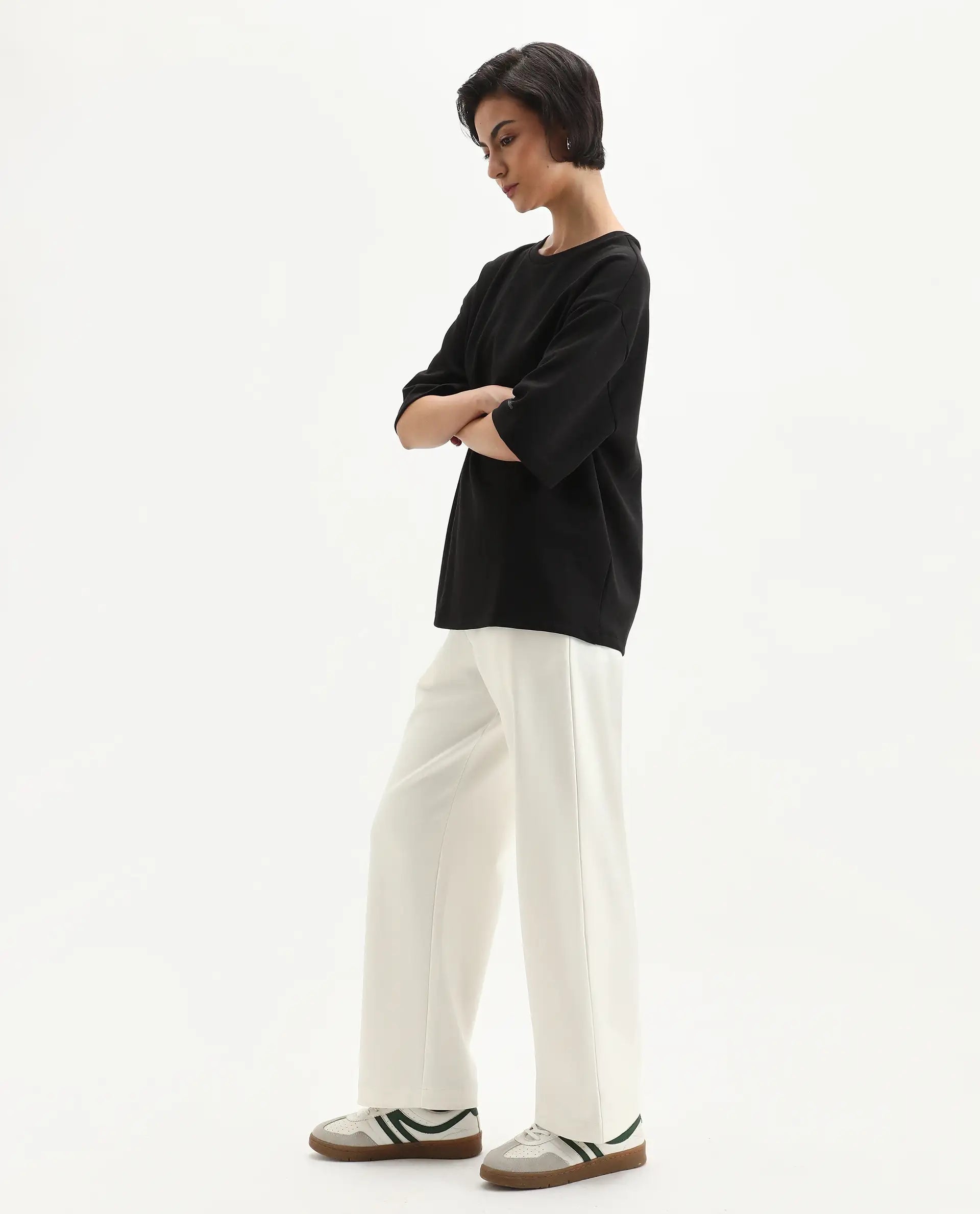 Rareism Women's Perk Off White Cotton Blend Wide Ankle Length Printed Track Pant