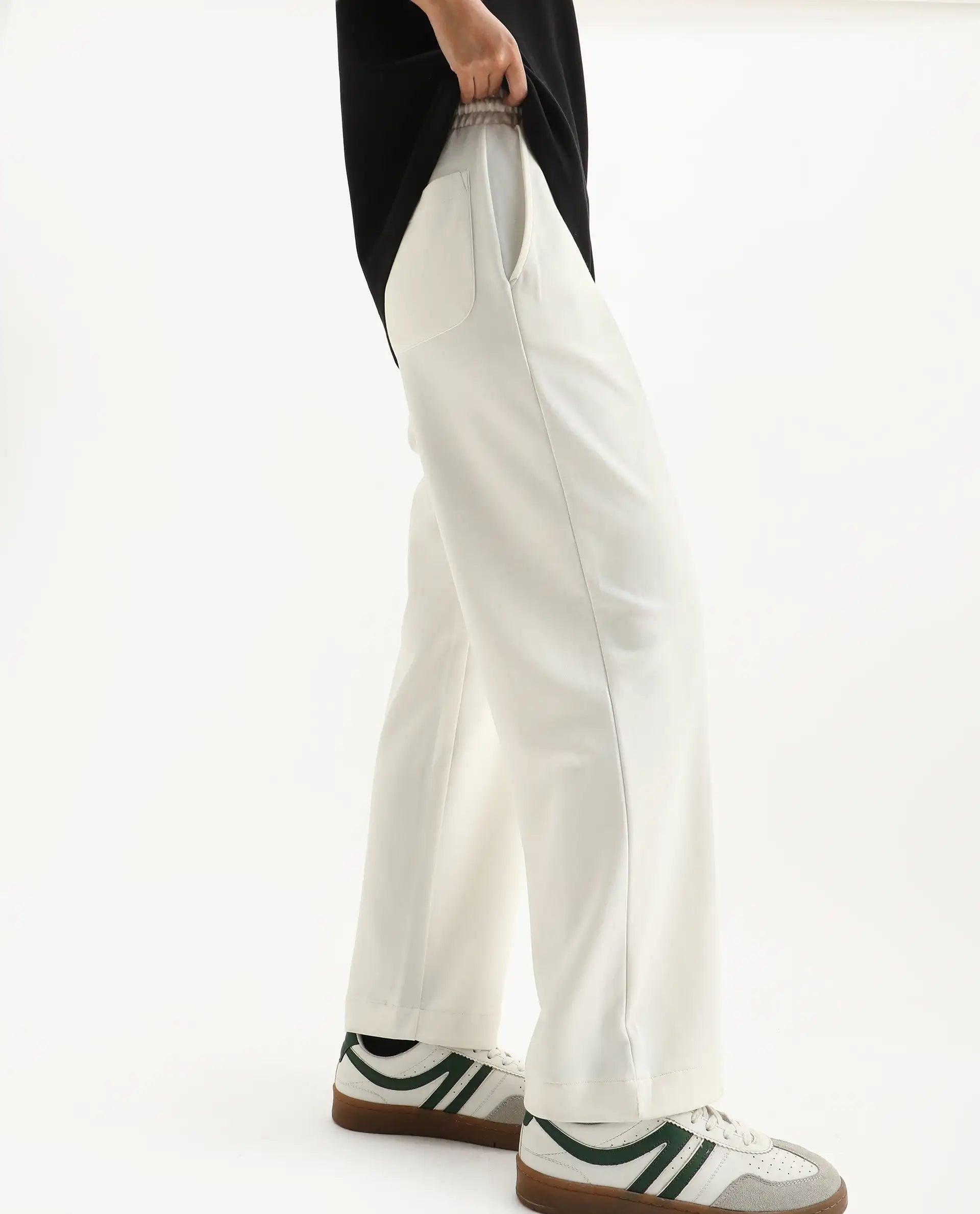 Rareism Women's Perk Off White Cotton Blend Wide Ankle Length Printed Track Pant