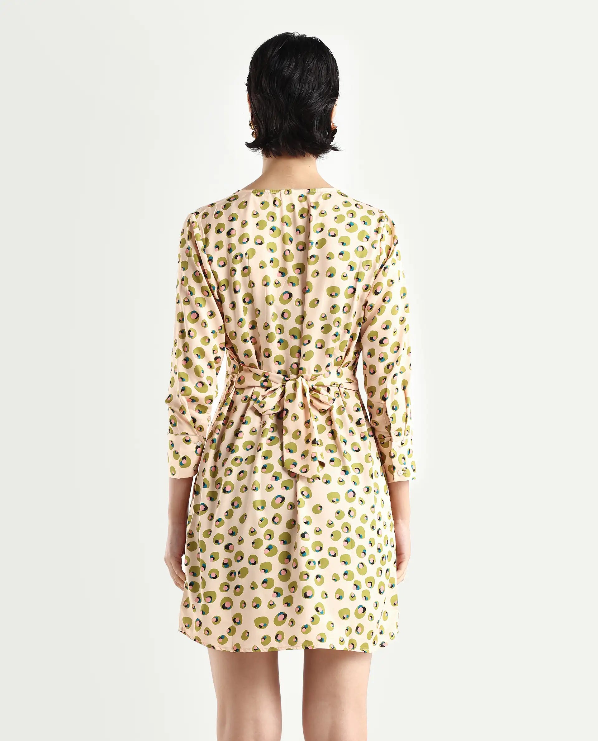 Rareism Women's Perk Peach Collarless Abstract Print Knee Length Regular Fit Dress