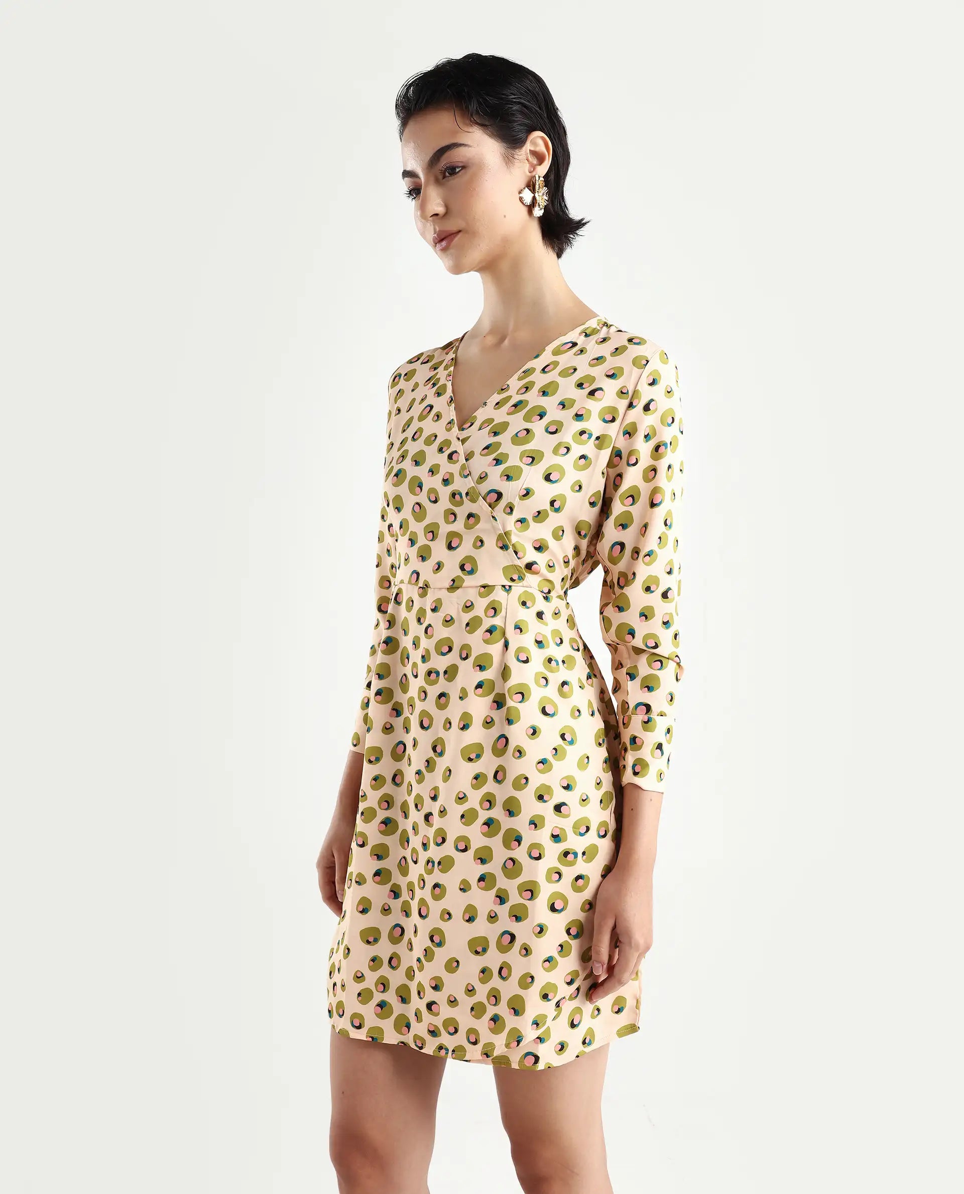 Rareism Women's Perk Peach Collarless Abstract Print Knee Length Regular Fit Dress