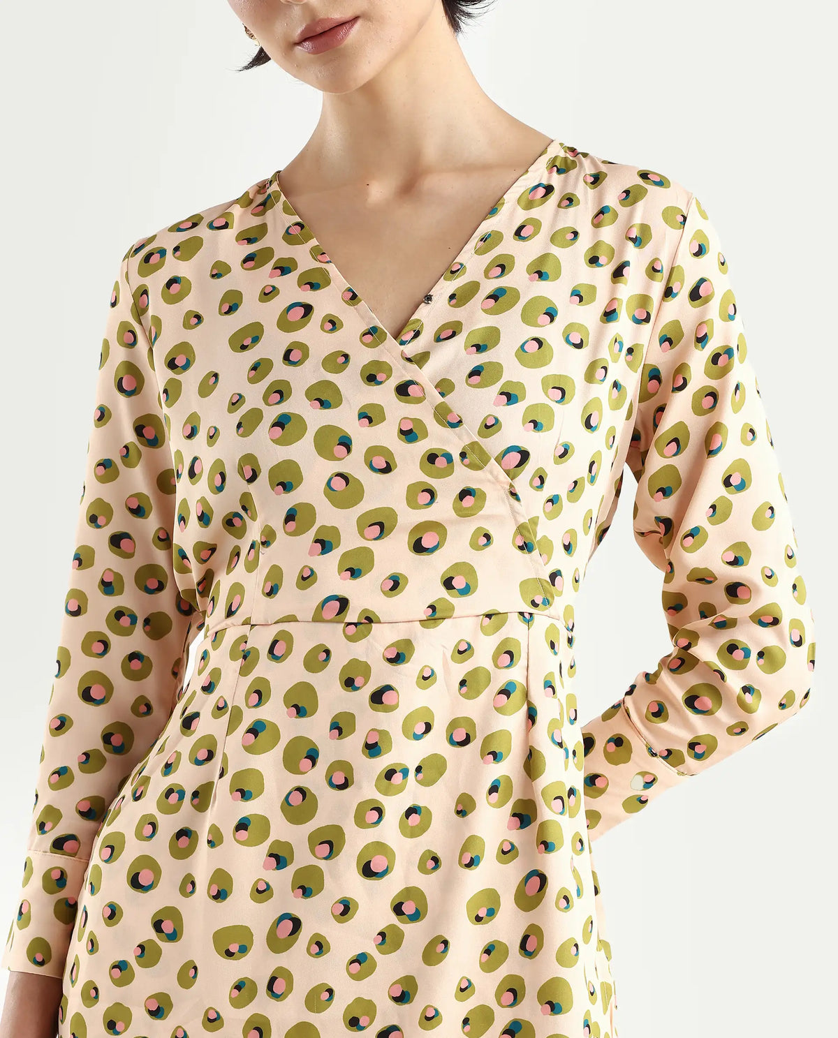 Rareism Women's Perk Peach Collarless Abstract Print Knee Length Regular Fit Dress
