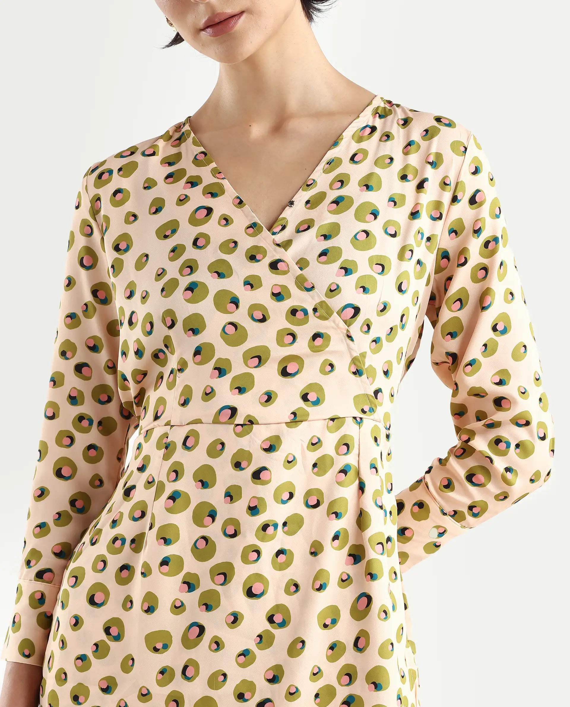 Rareism Women's Perk Peach Collarless Abstract Print Knee Length Regular Fit Dress