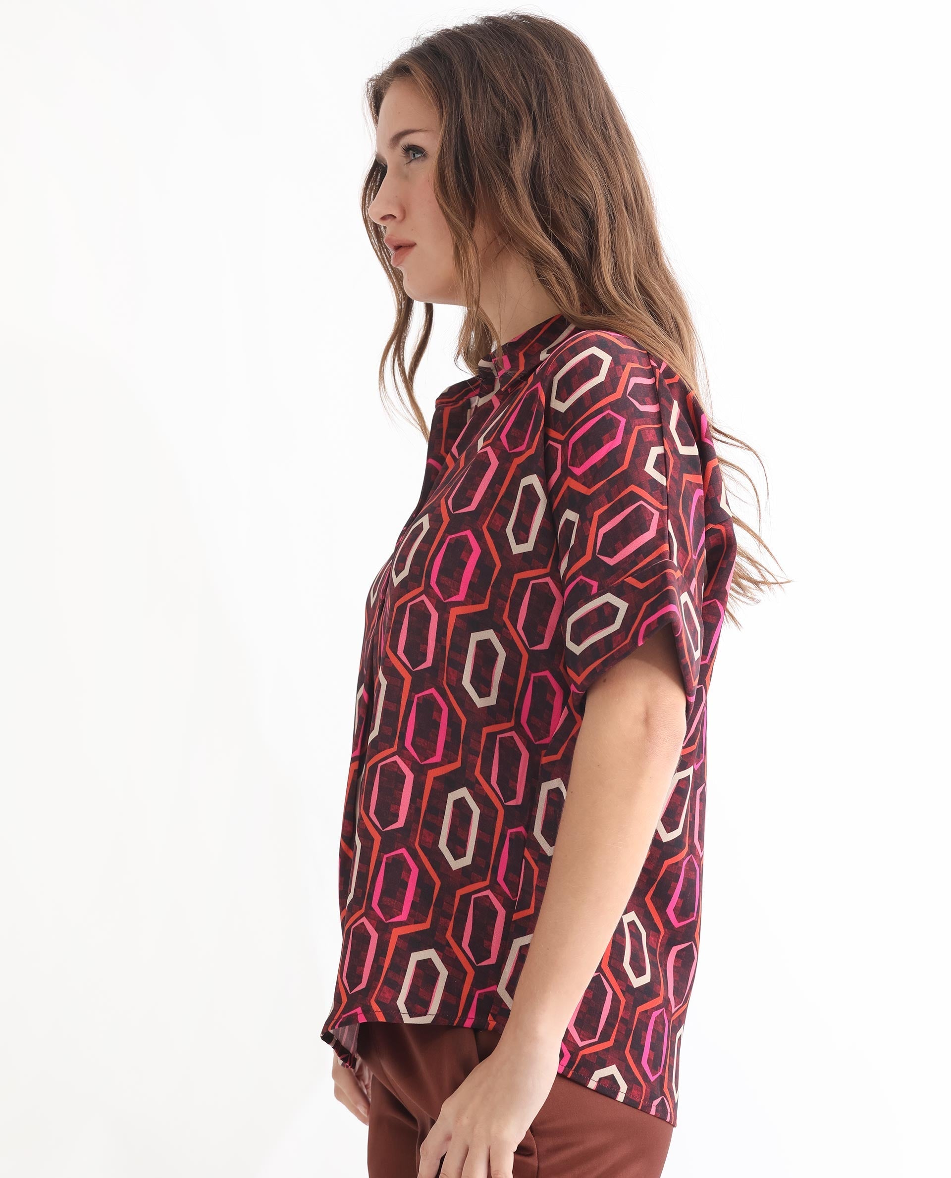 Rareism Women's Peru Brown Polyester Drop Collar Geometric Print Cuffed Sleeve Relaxed Fit Top