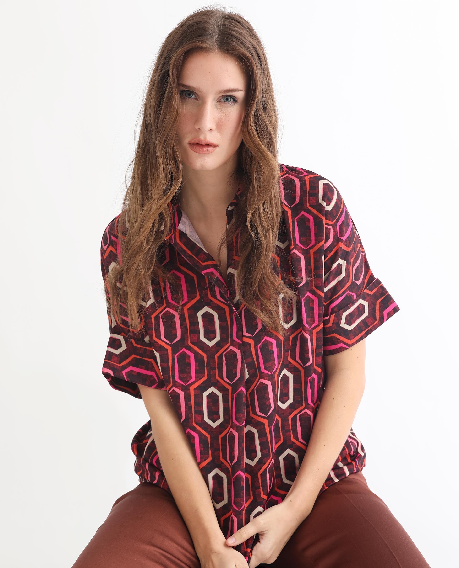 Rareism Women's Peru Brown Polyester Drop Collar Geometric Print Cuffed Sleeve Relaxed Fit Top