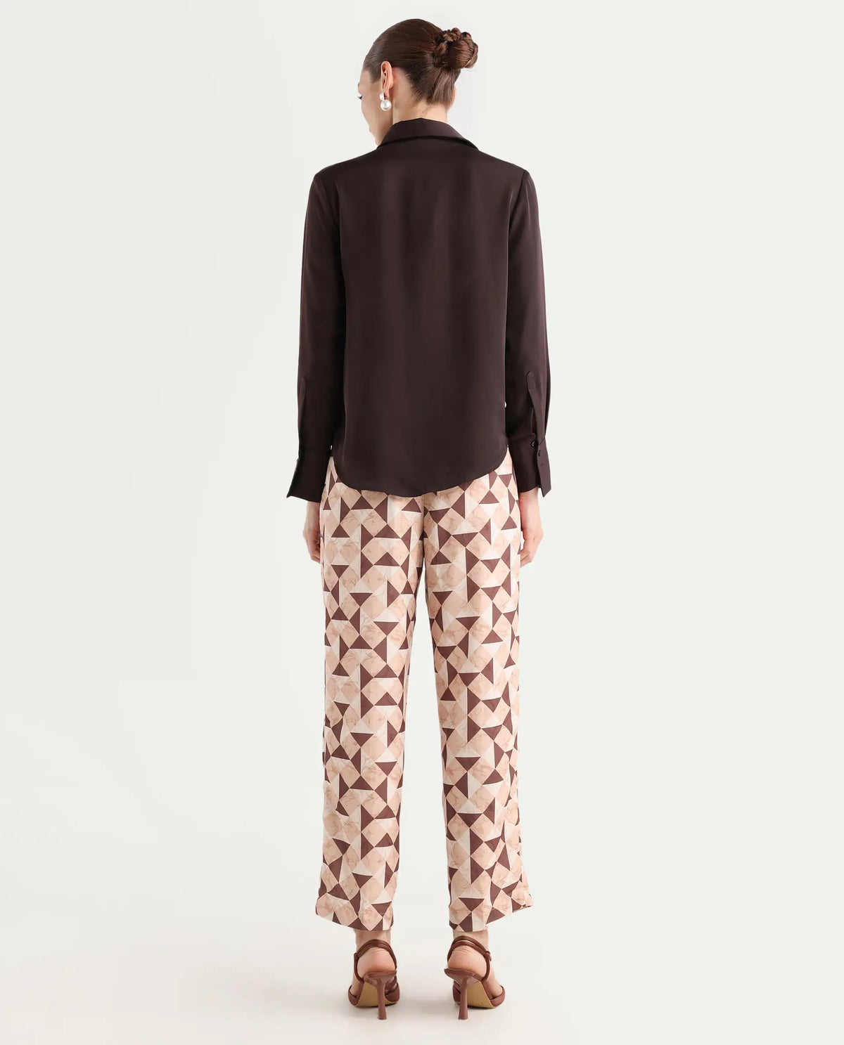 Rareism Women's Perugia Light Brown Polyester Geometric Print Ankle Length Tapered Trouser