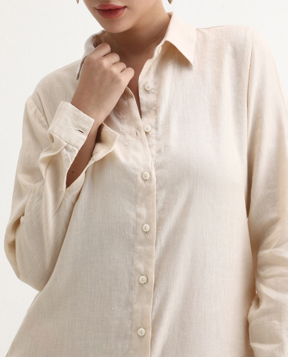 Rareism Women's Peruviano Beige Cotton Blend Drop Collar Plain Cuffed Sleeve Midi A-Line Dress