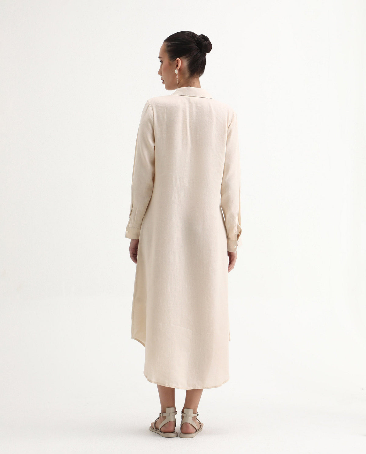 Rareism Women's Peruviano Beige Cotton Blend Drop Collar Plain Cuffed Sleeve Midi A-Line Dress
