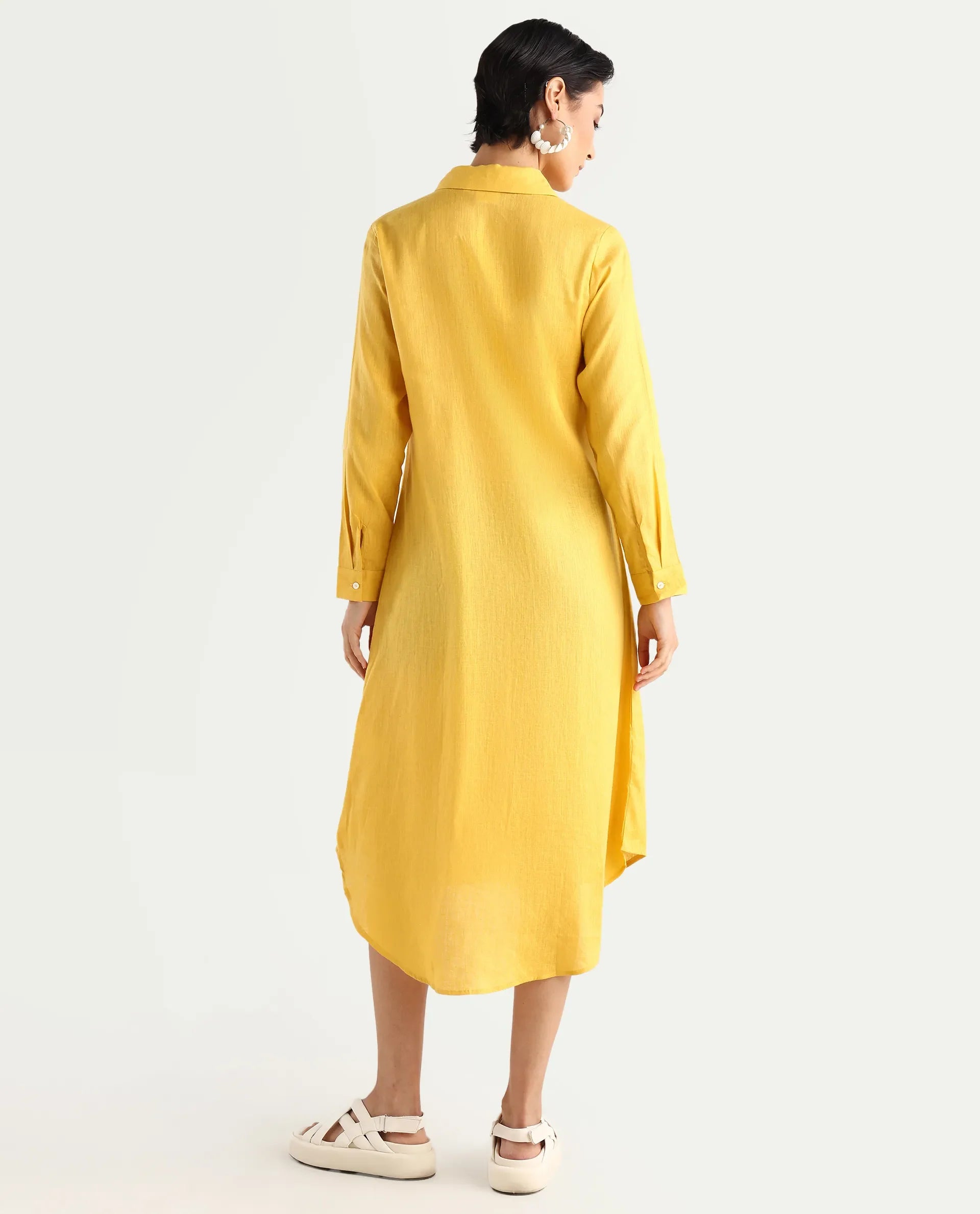 Rareism Women's Peruvian Yellow Cotton Linen Drop Collar Plain Cuffed Sleeve Midi A-Line Dress