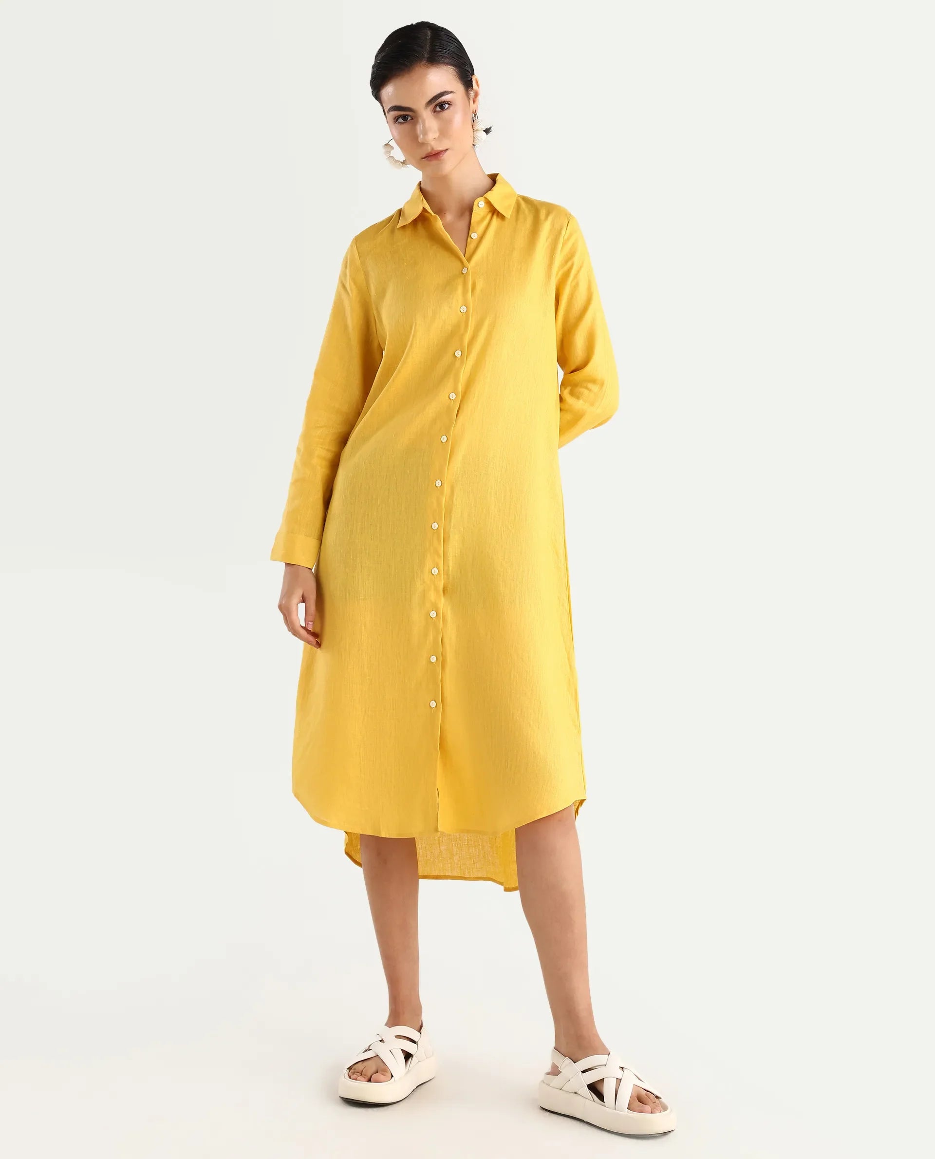 Rareism Women's Peruvian Yellow Cotton Linen Drop Collar Plain Cuffed Sleeve Midi A-Line Dress