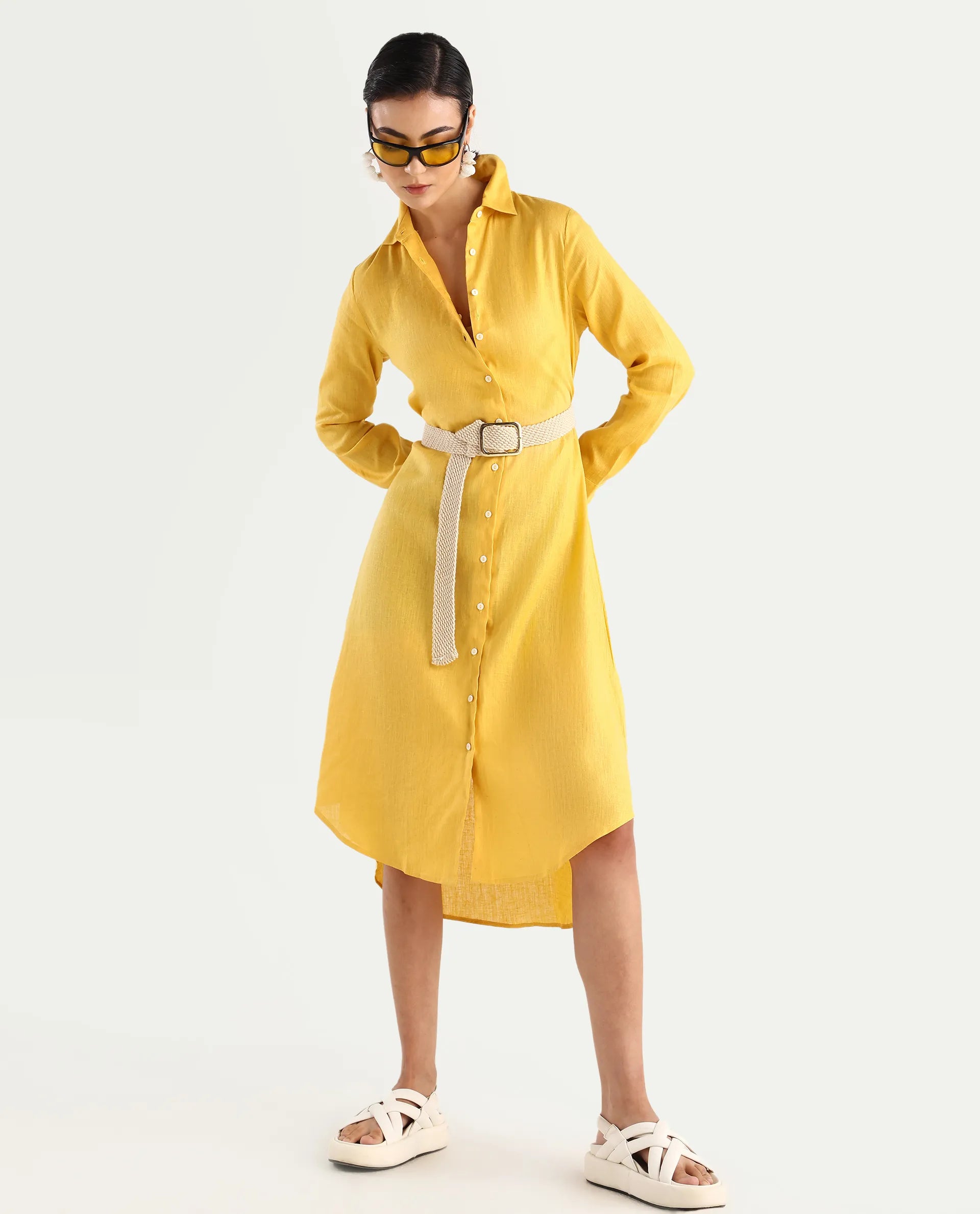 Rareism Women's Peruvian Yellow Cotton Linen Drop Collar Plain Cuffed Sleeve Midi A-Line Dress