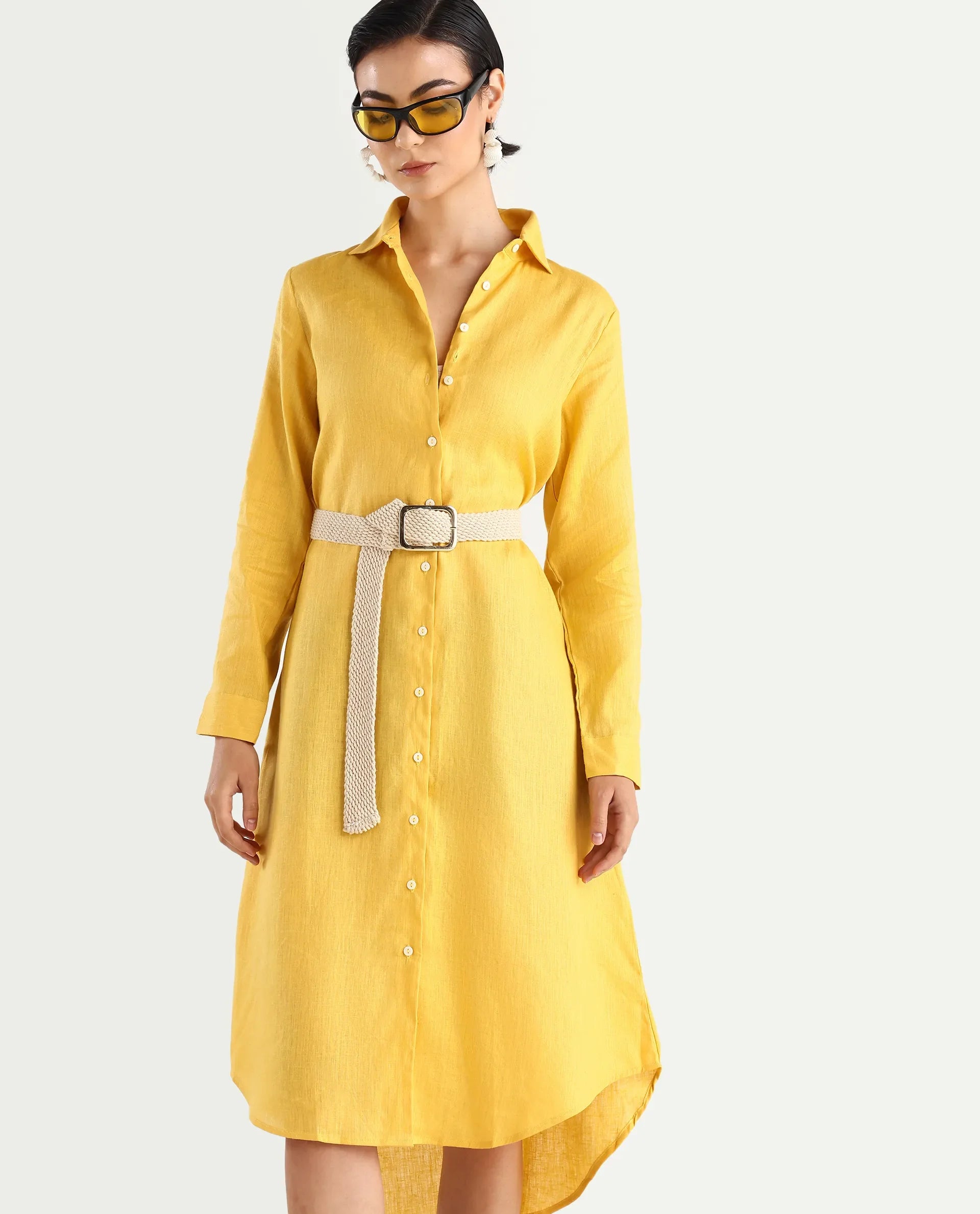 Rareism Women's Peruvian Yellow Cotton Linen Drop Collar Plain Cuffed Sleeve Midi A-Line Dress