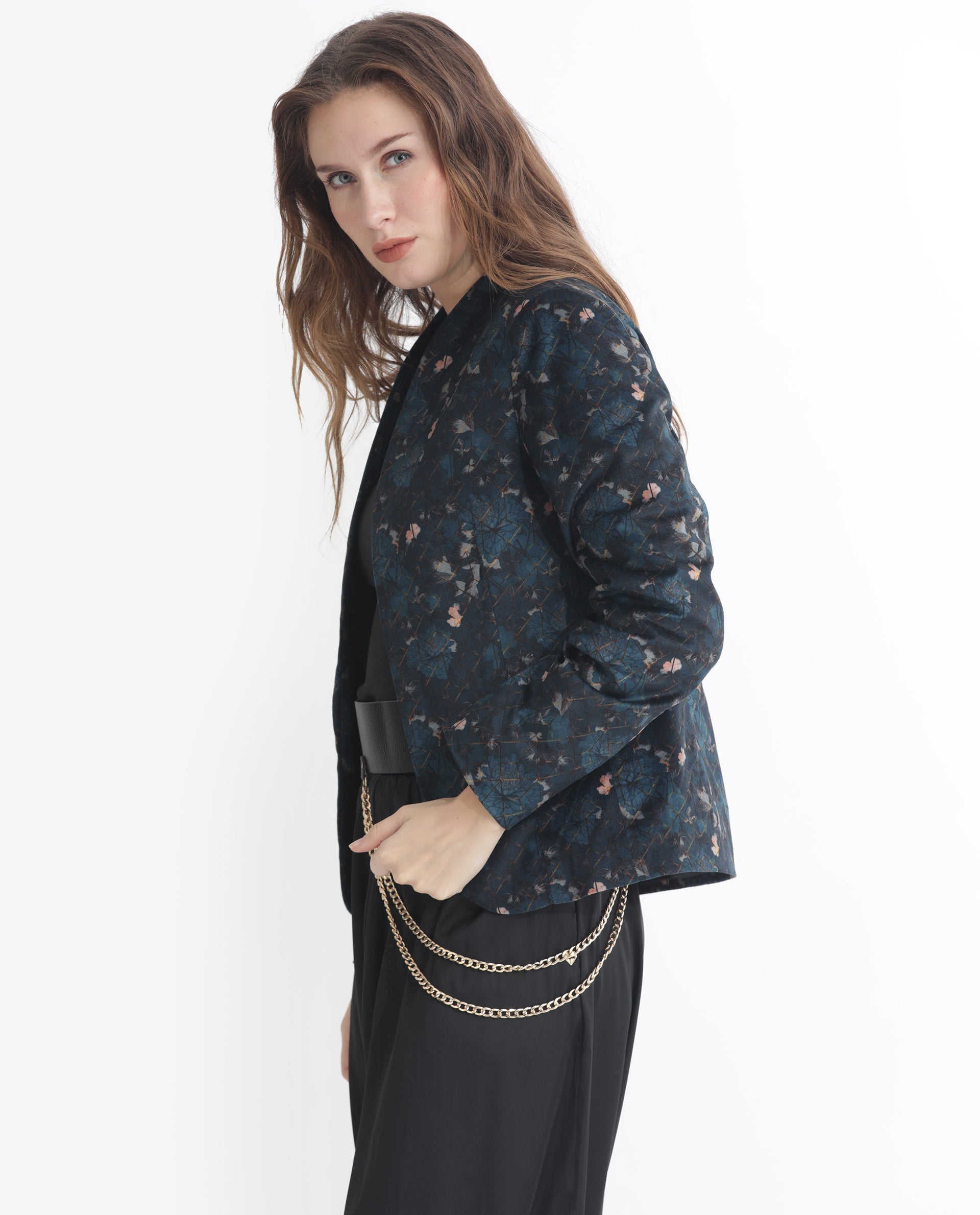 Rareism Women's Pesko Navy Velvet Collarless Paisley Print Regular Fit Shrug