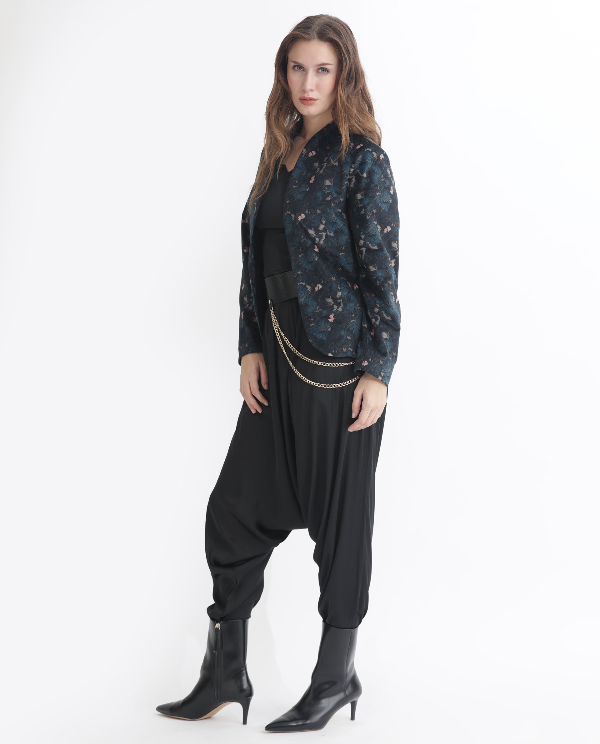 Rareism Women's Pesko Navy Velvet Collarless Paisley Print Regular Fit Shrug