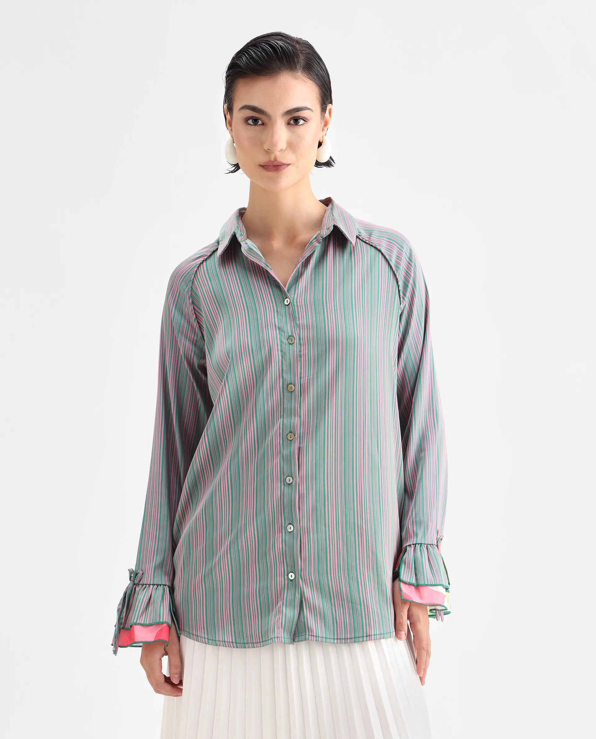 Rareism Women's Phyre Pink Polyester Spread Collar Striped Ruffled Sleeve Regular Fit Top