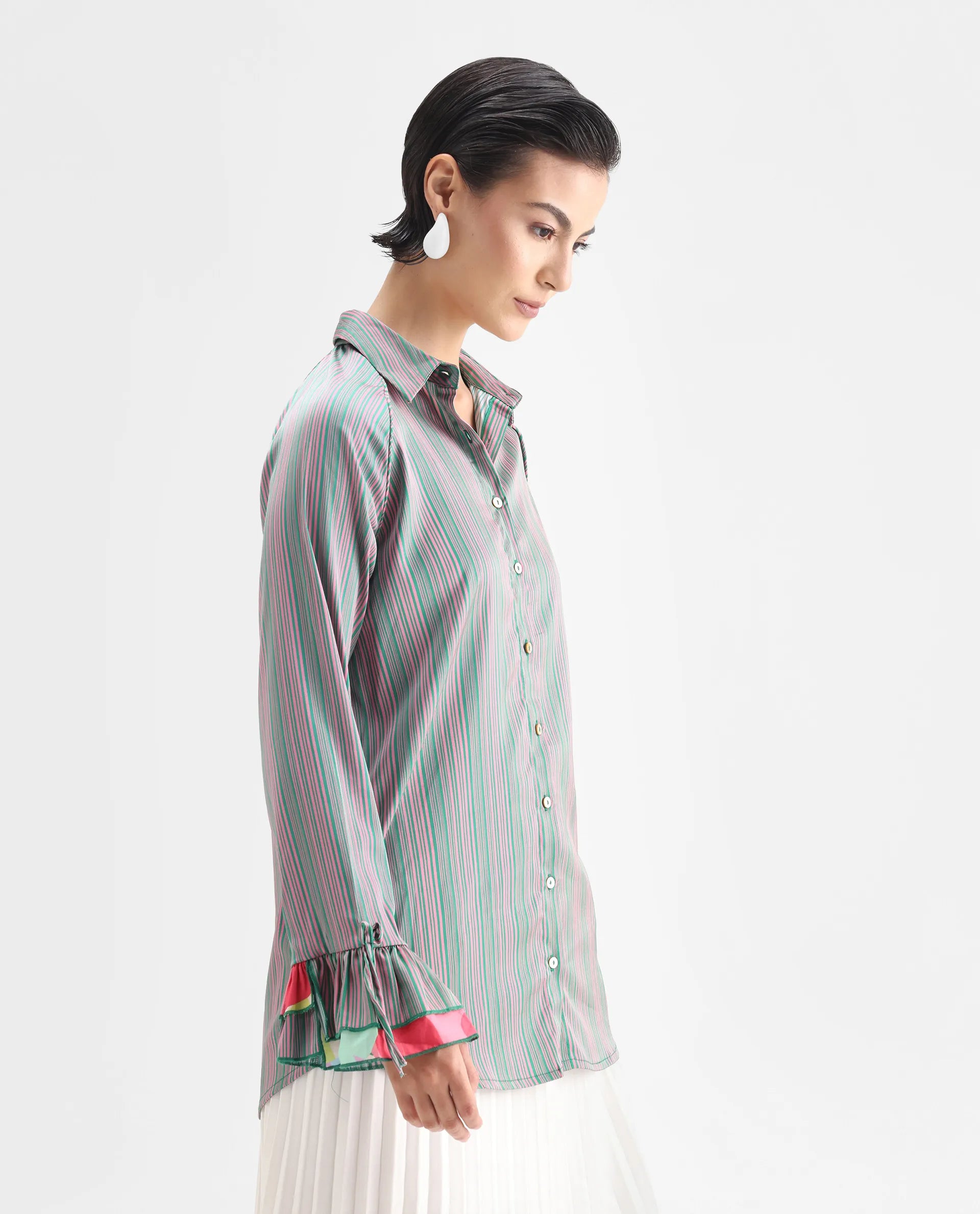 Rareism Women's Phyre Pink Polyester Spread Collar Striped Ruffled Sleeve Regular Fit Top