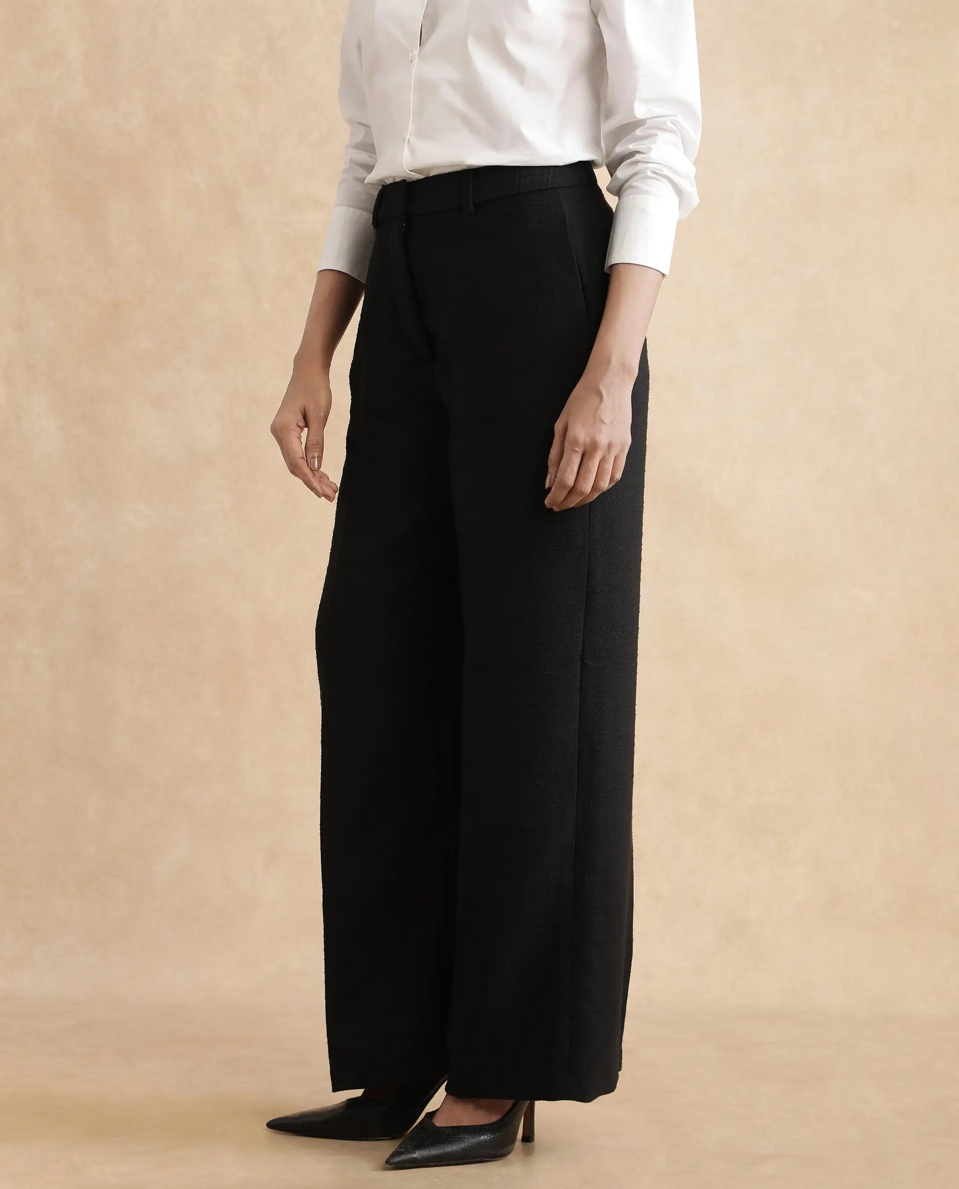 Rareism Women's Pidet-B-Black Satin Plain Ankle Length Wide Trouser