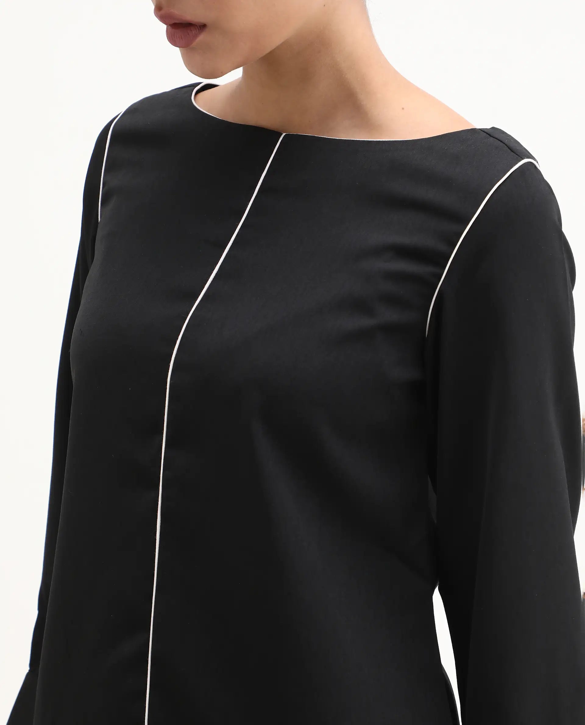 Rareism Women's Pidet Black Satin Boat Neck Plain Cuffed Sleeve Regular Fit Top