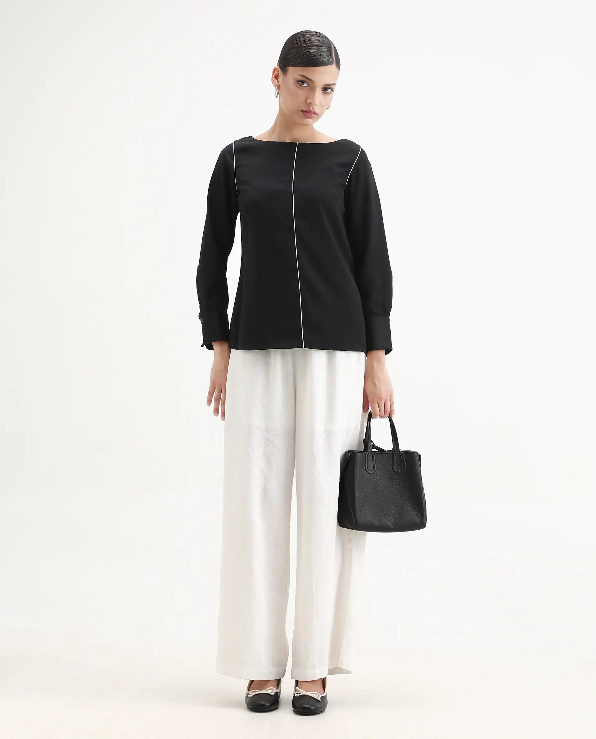 Rareism Women's Pidet Black Satin Boat Neck Plain Cuffed Sleeve Regular Fit Top