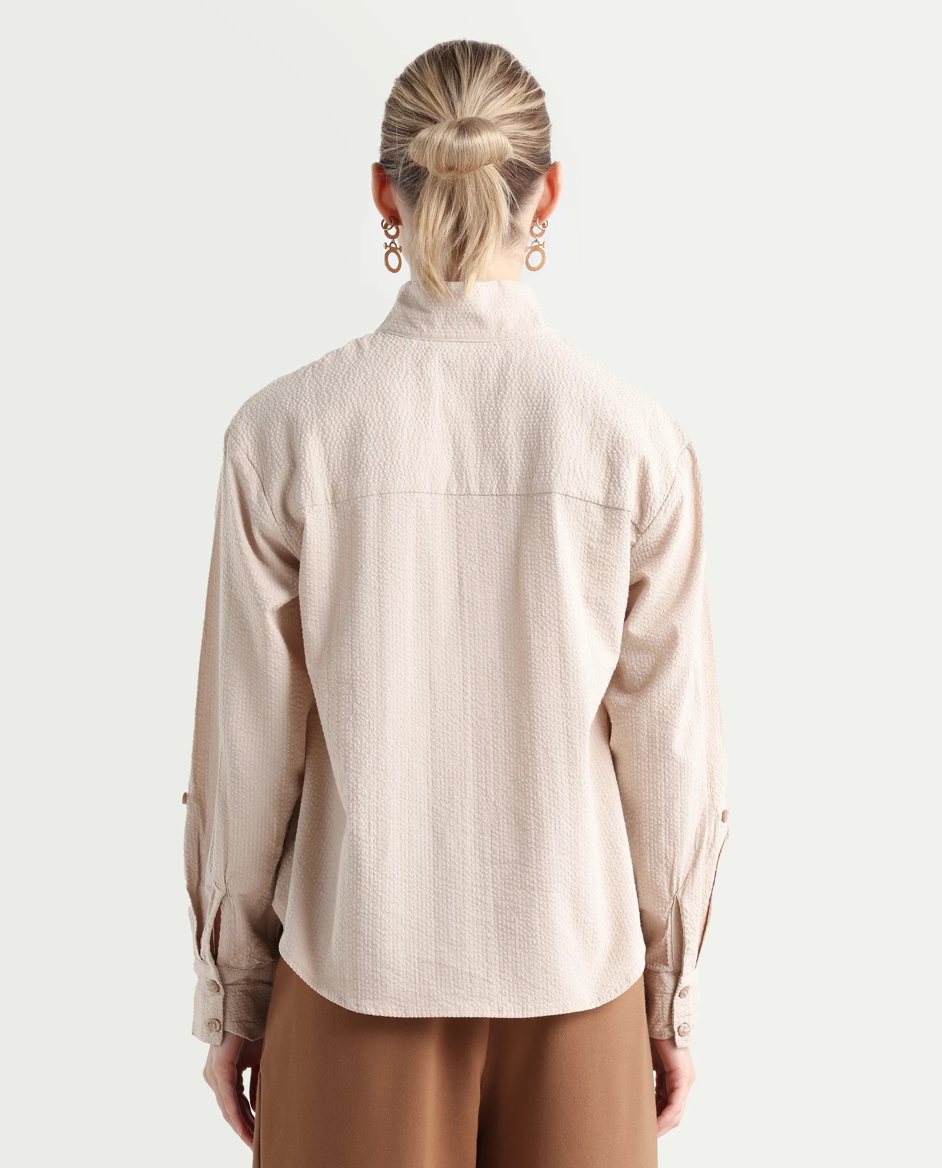 Rareism Women's Pipti Beige Cotton Blend Drop Collar Plain Cuffed Sleeve Regular Fit Shirt