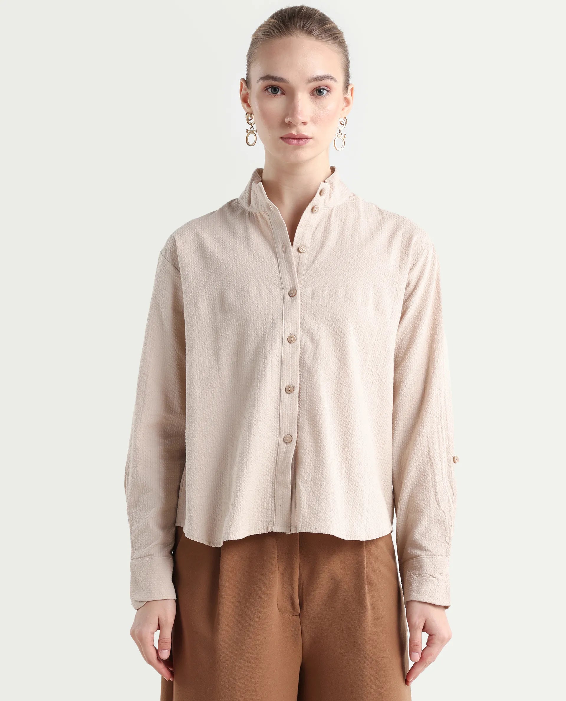 Rareism Women's Pipti Beige Cotton Blend Drop Collar Plain Cuffed Sleeve Regular Fit Shirt