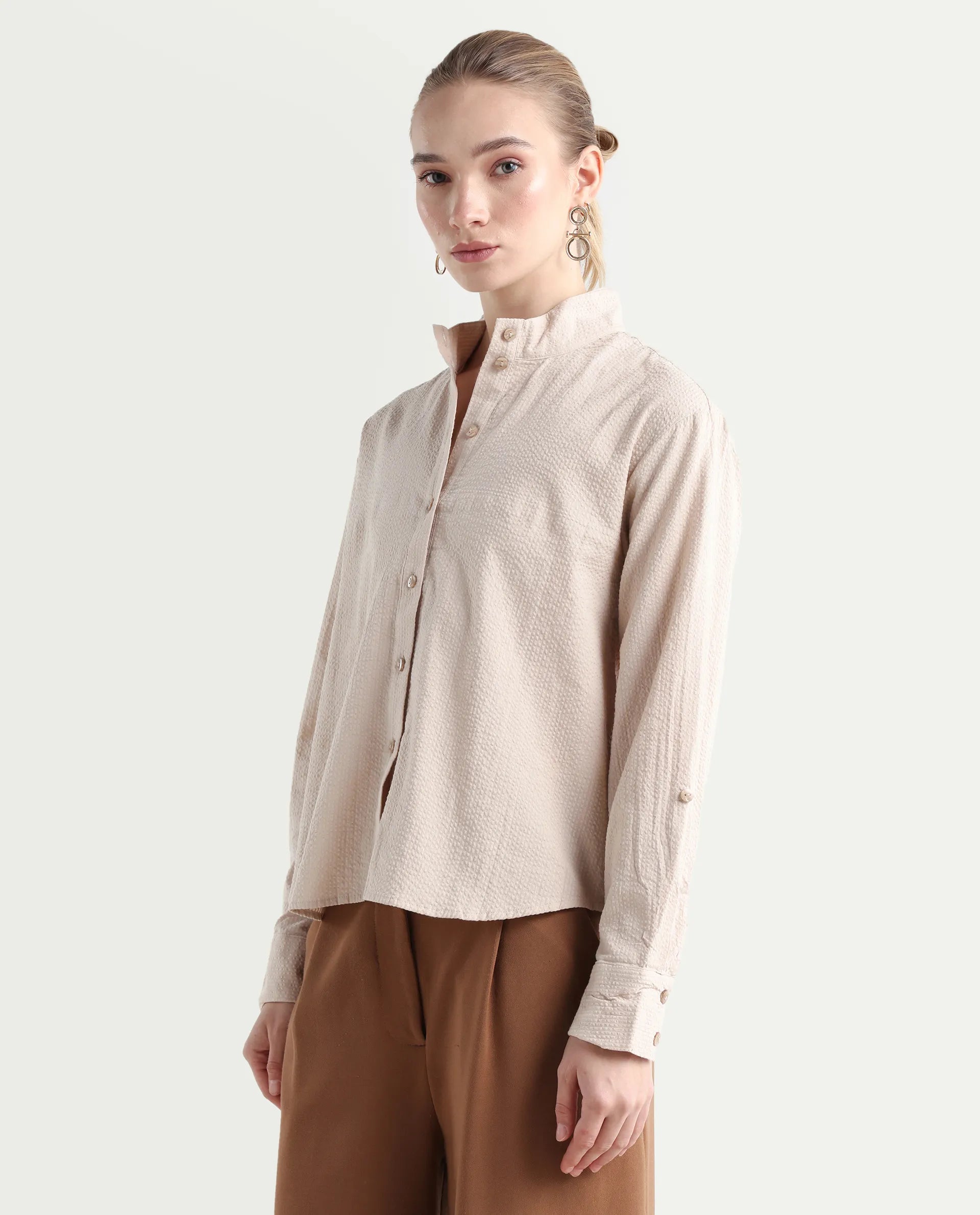 Rareism Women's Pipti Beige Cotton Blend Drop Collar Plain Cuffed Sleeve Regular Fit Shirt