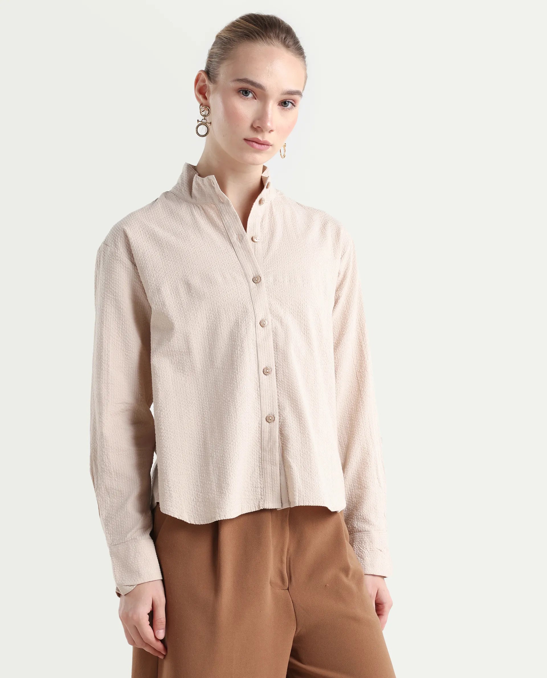 Rareism Women's Pipti Beige Cotton Blend Drop Collar Plain Cuffed Sleeve Regular Fit Shirt