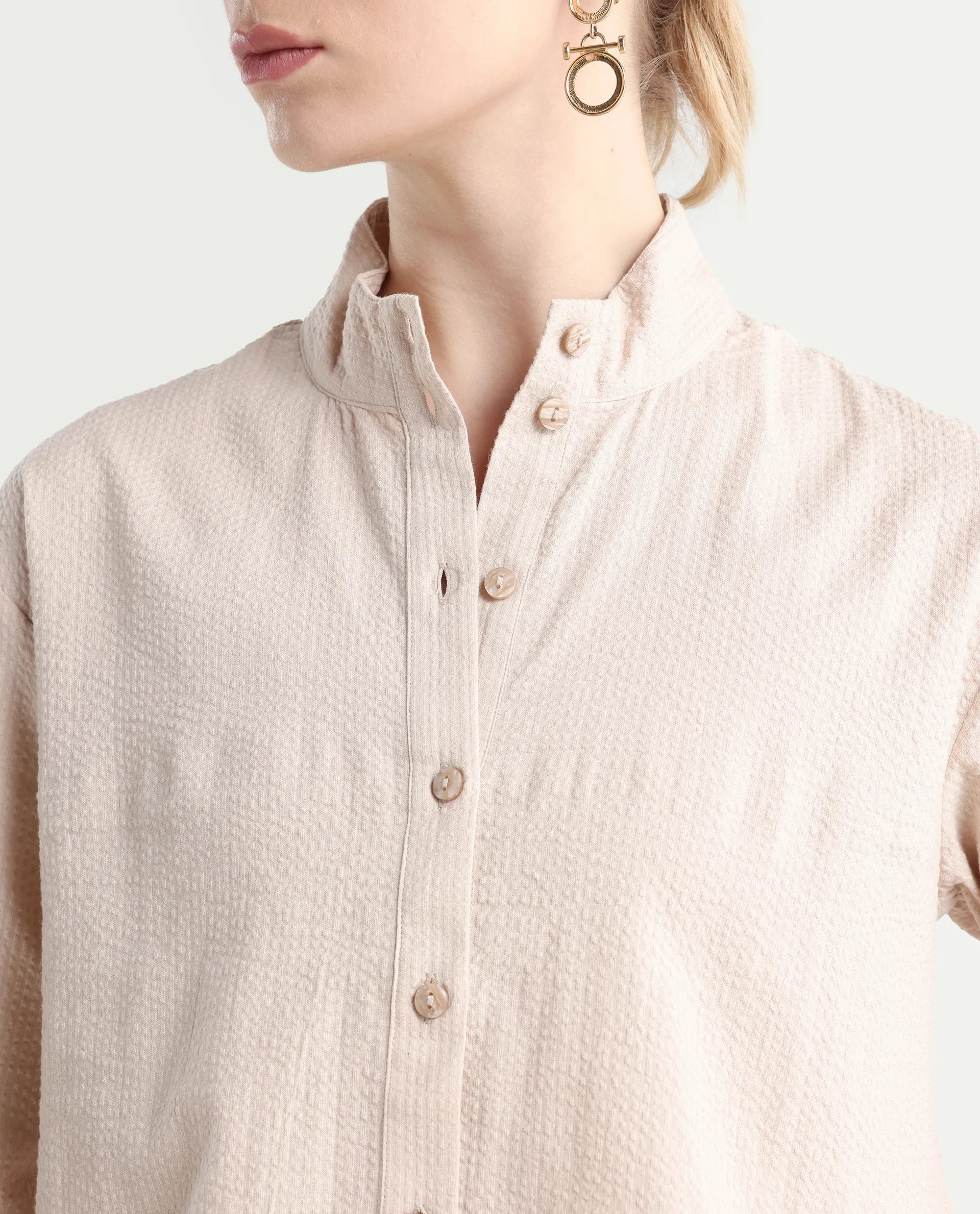 Rareism Women's Pipti Beige Cotton Blend Drop Collar Plain Cuffed Sleeve Regular Fit Shirt