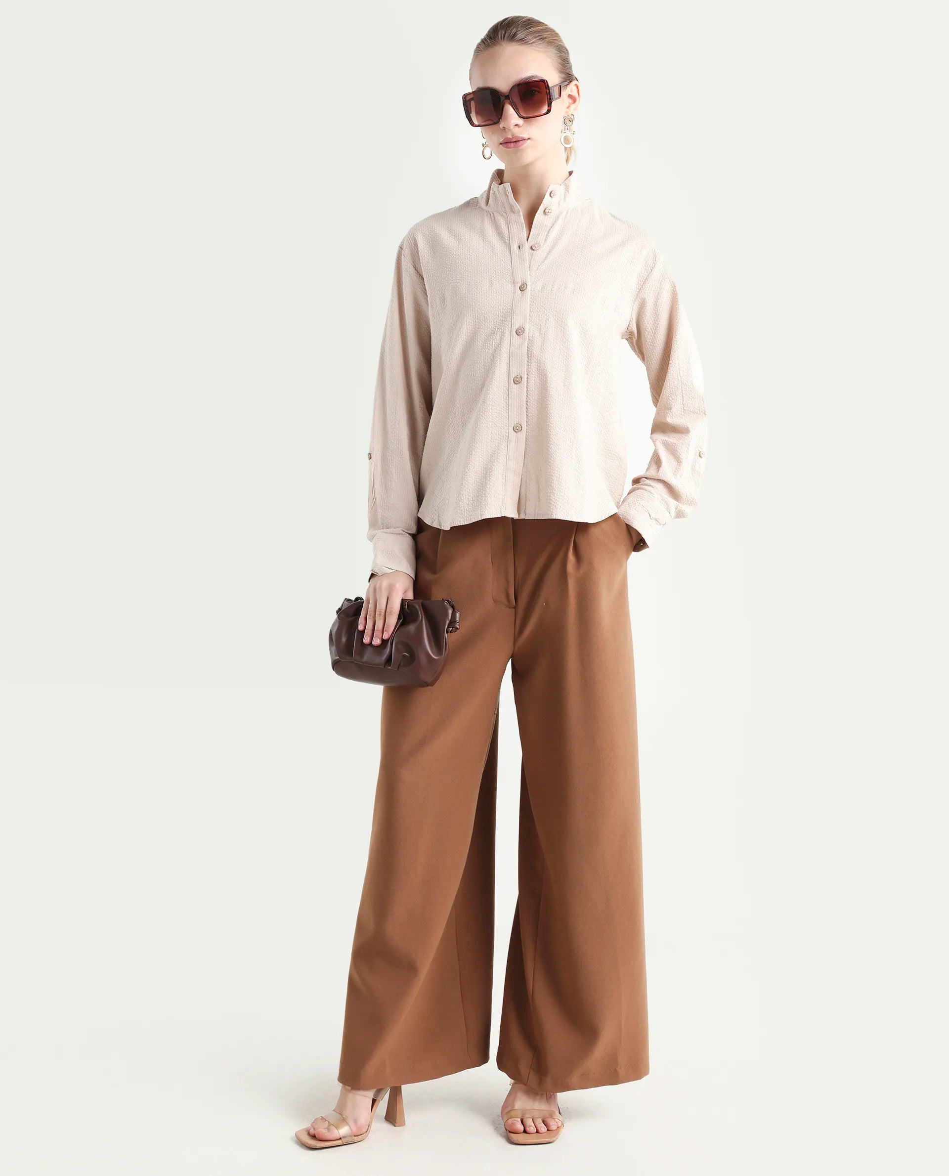 Rareism Women's Pipti Beige Cotton Blend Drop Collar Plain Cuffed Sleeve Regular Fit Shirt