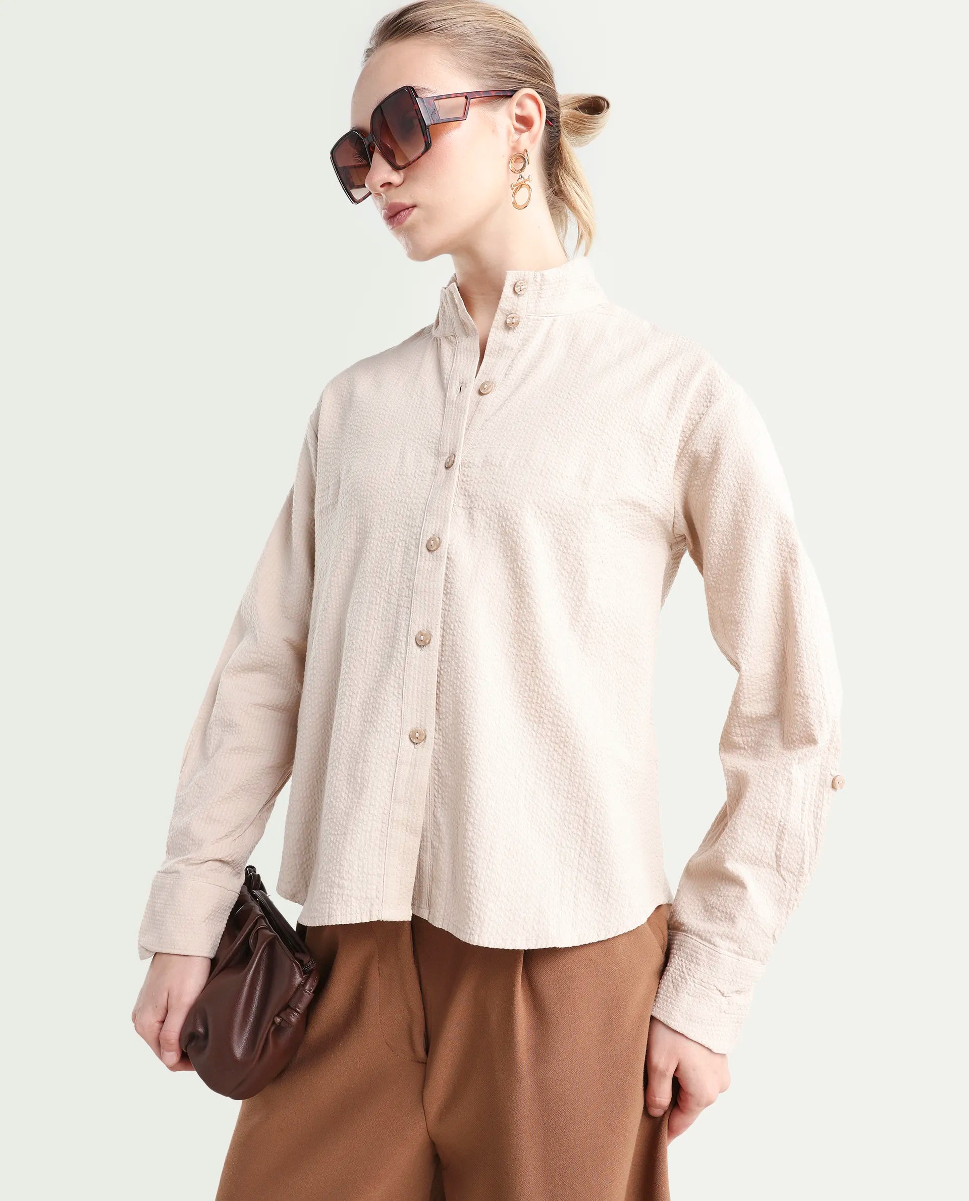 Rareism Women's Pipti Beige Cotton Blend Drop Collar Plain Cuffed Sleeve Regular Fit Shirt