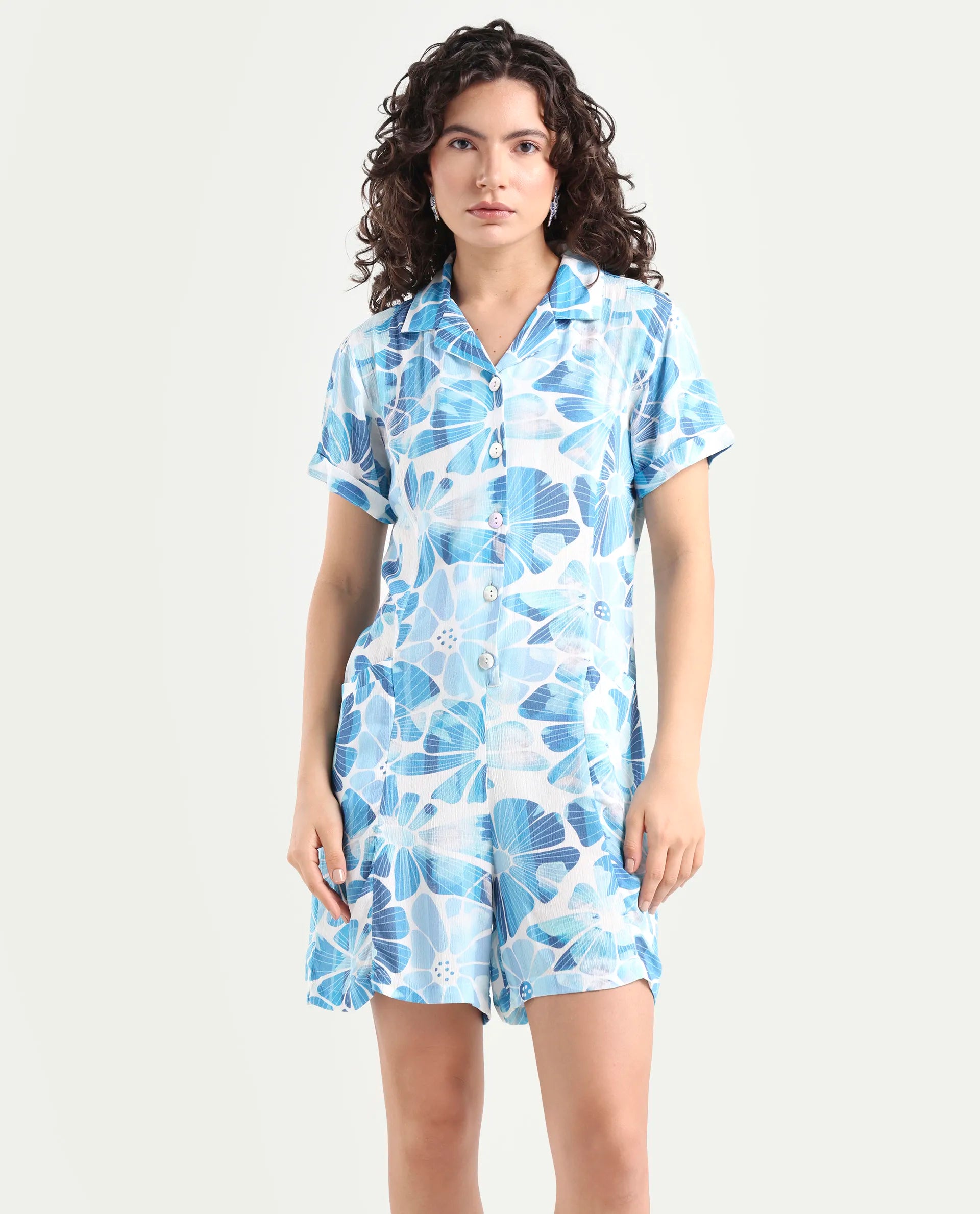 Rareism Women's Pisa Light Blue Rayon Lapel Neck Floral Print Knee Length Regular Fit Dress