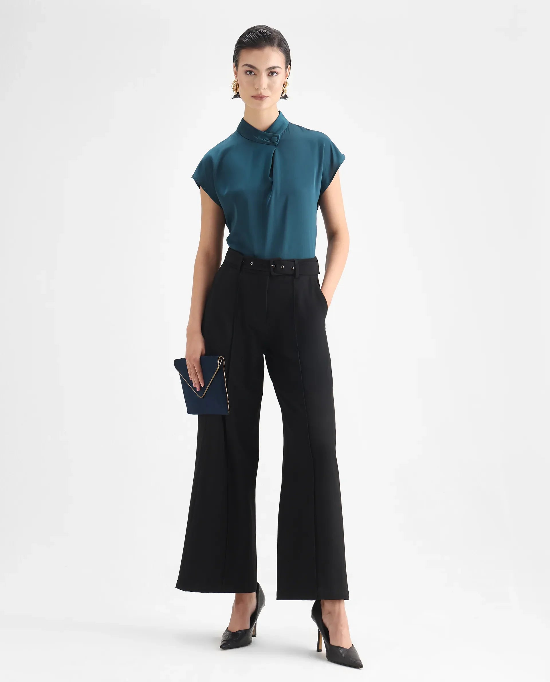 Rareism Women's Plama Petrol Satin Mandarin Collar Plain Extended Sleeves Regular Fit Top
