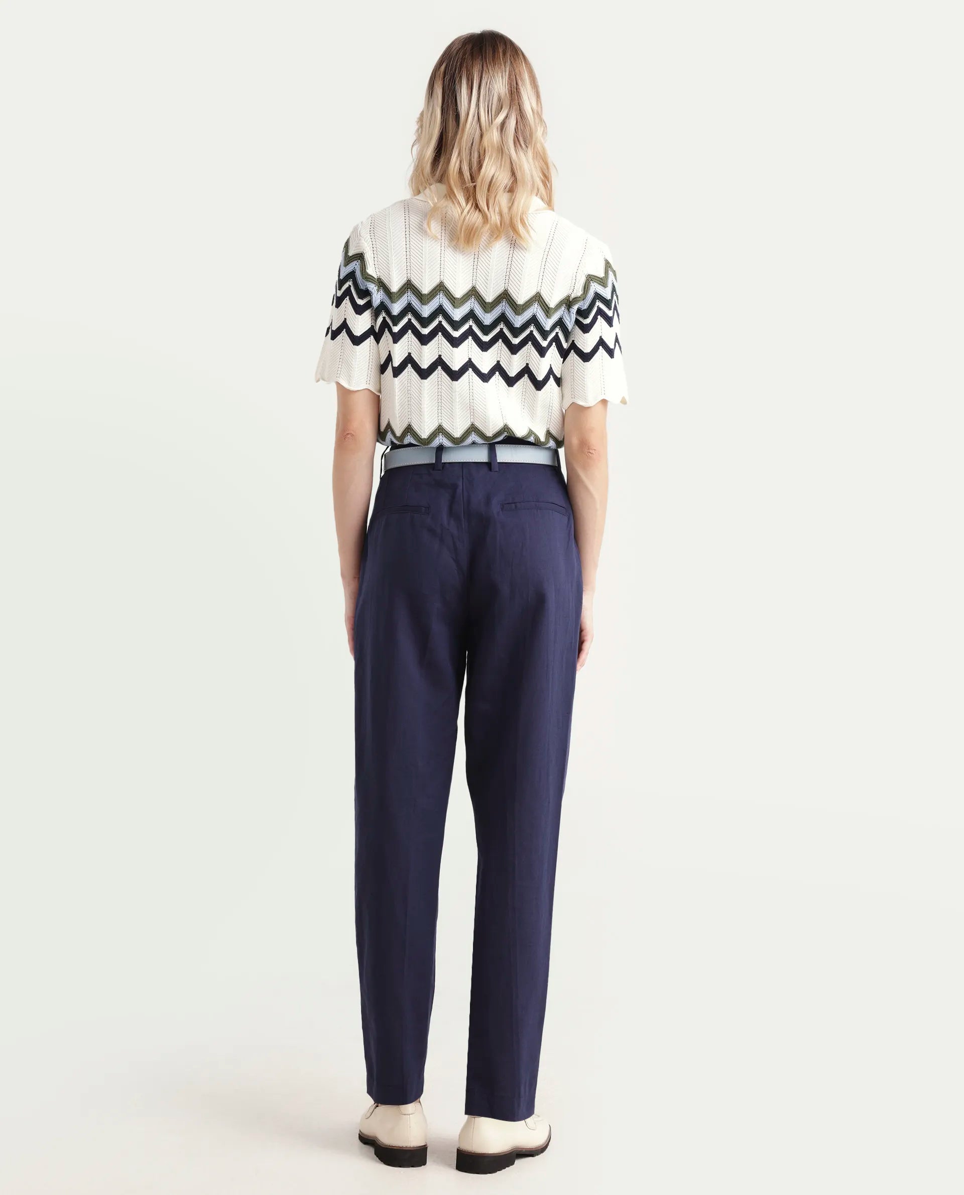 Rareism Women's Plio Dark Navy Cotton Blend Plain Ankle Length Tapered Trouser