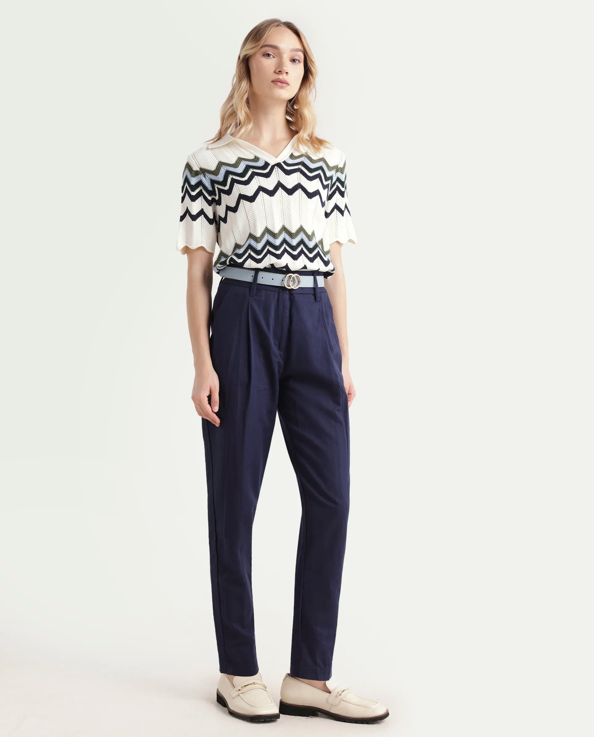 Rareism Women's Plio Dark Navy Cotton Blend Plain Ankle Length Tapered Trouser