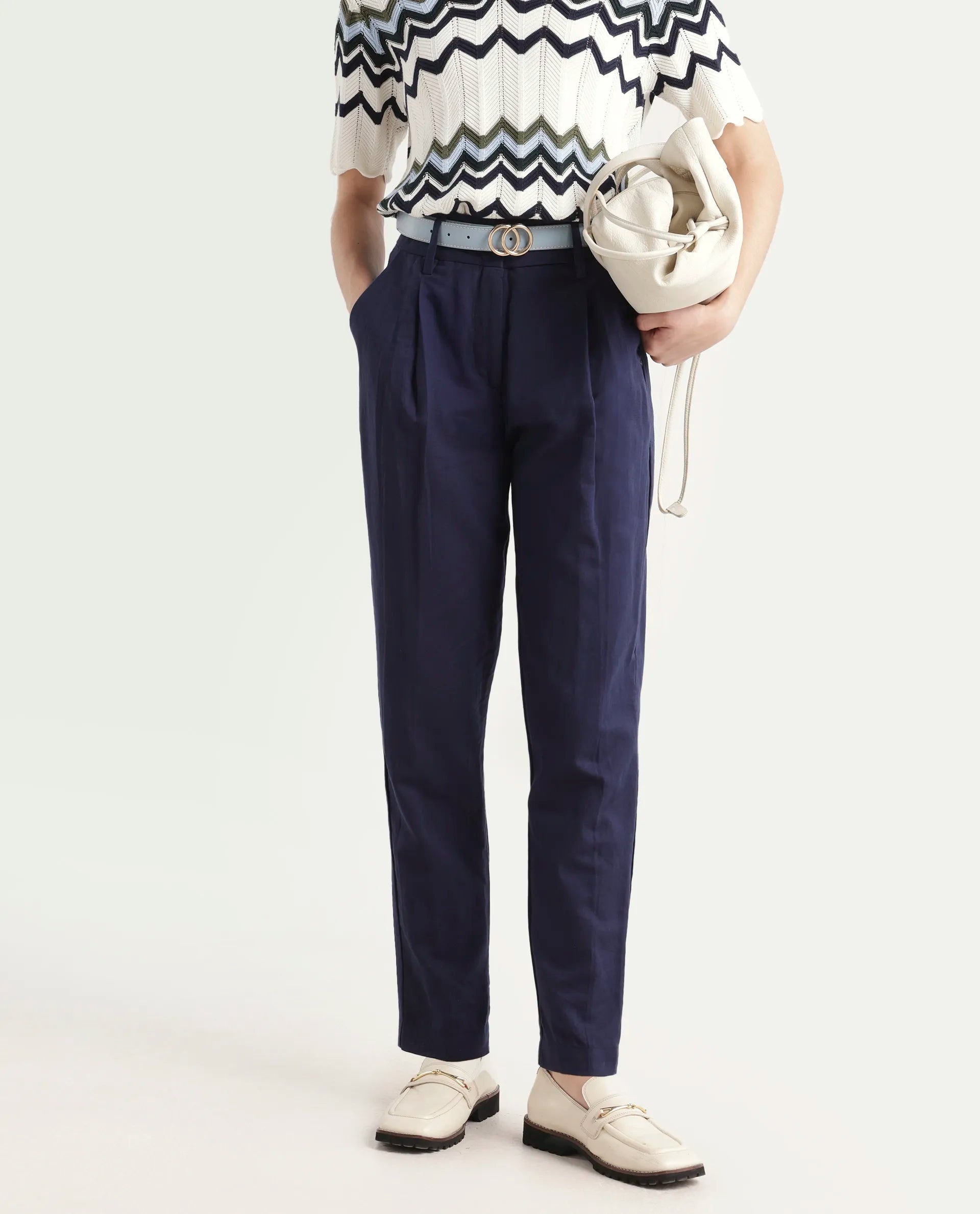 Rareism Women's Plio Dark Navy Cotton Blend Plain Ankle Length Tapered Trouser