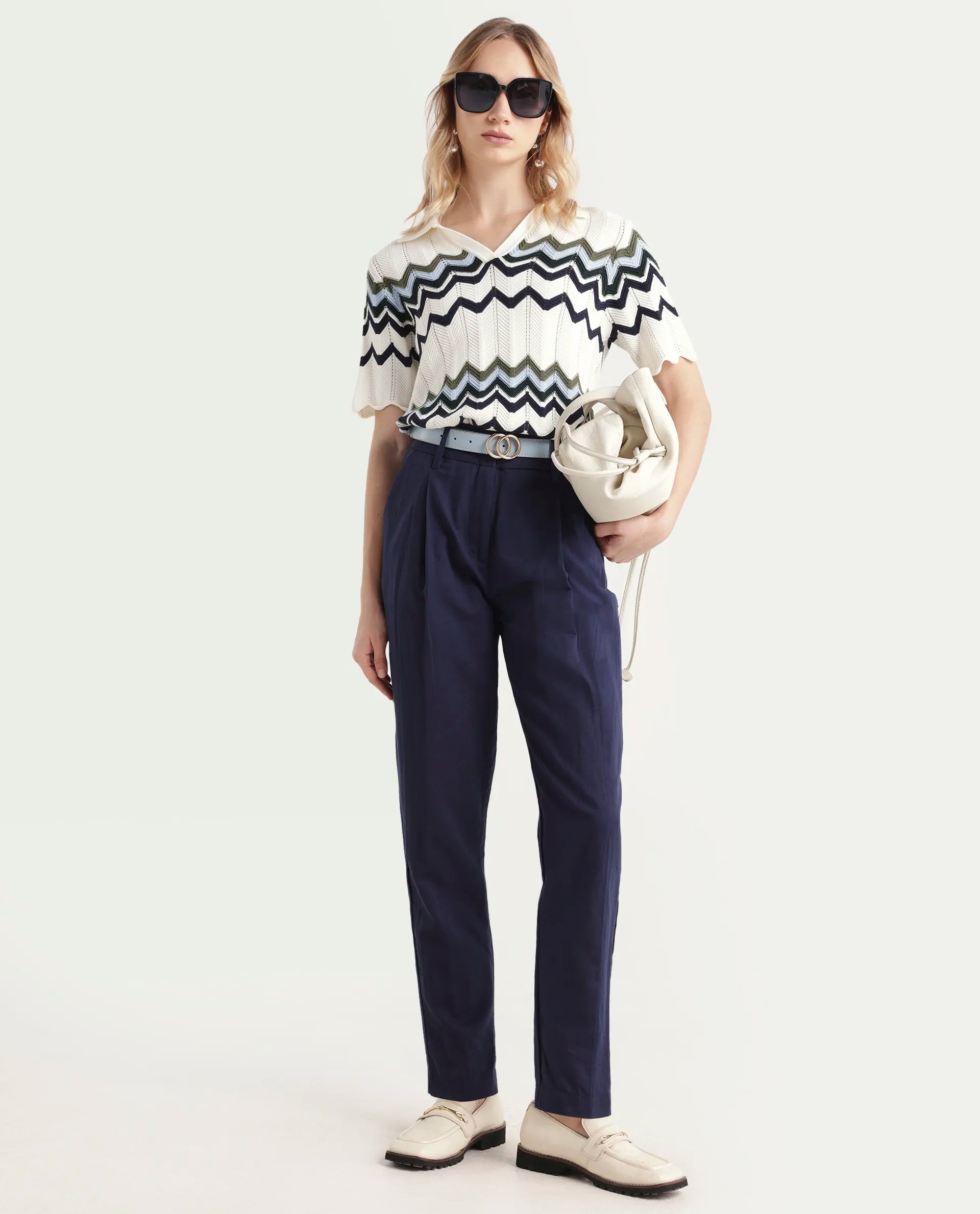 Rareism Women's Plio Dark Navy Cotton Blend Plain Ankle Length Tapered Trouser