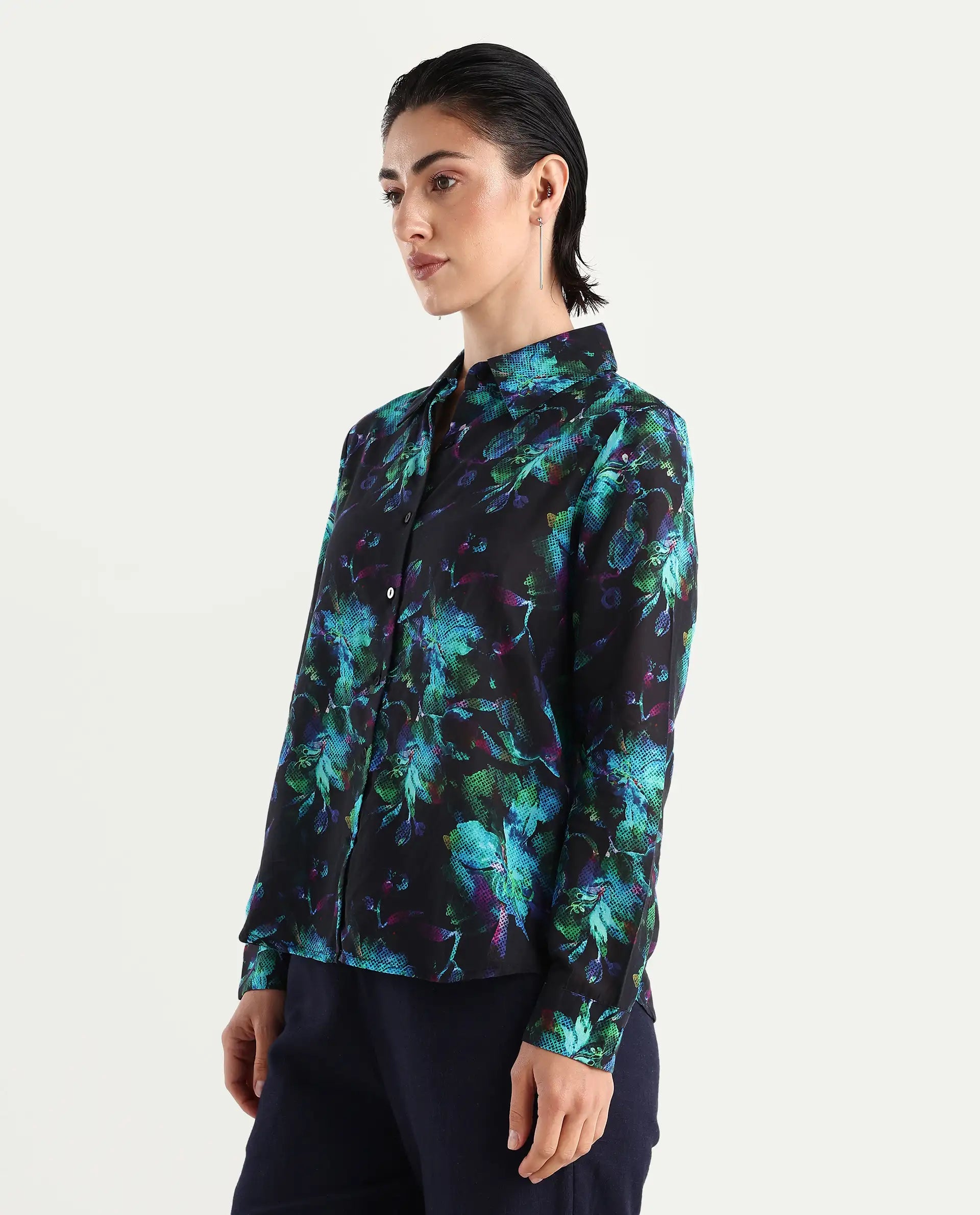 Rareism Women's Pointy Multi Cotton Spread Collar Floral Print Regular Fit Top
