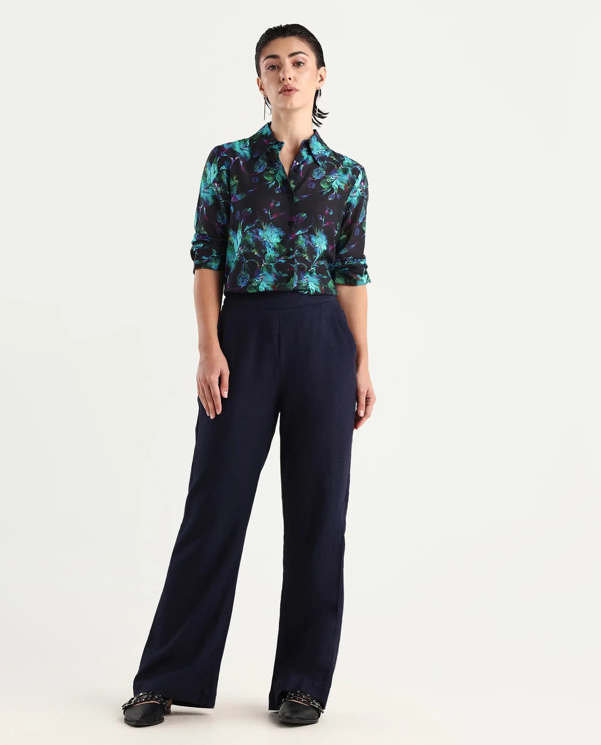 Rareism Women's Pointy Multi Cotton Spread Collar Floral Print Regular Fit Top