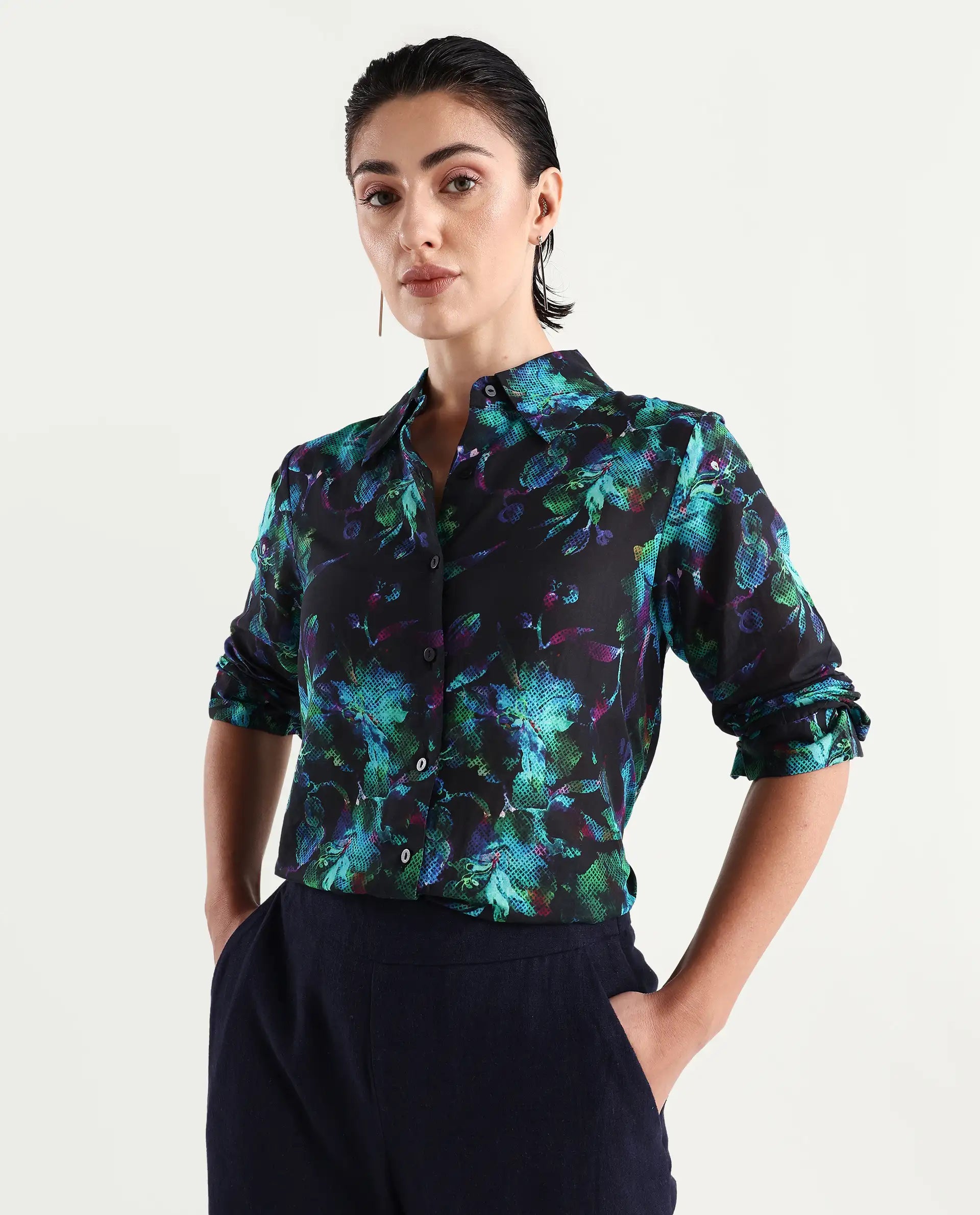 Rareism Women's Pointy Multi Cotton Spread Collar Floral Print Regular Fit Top