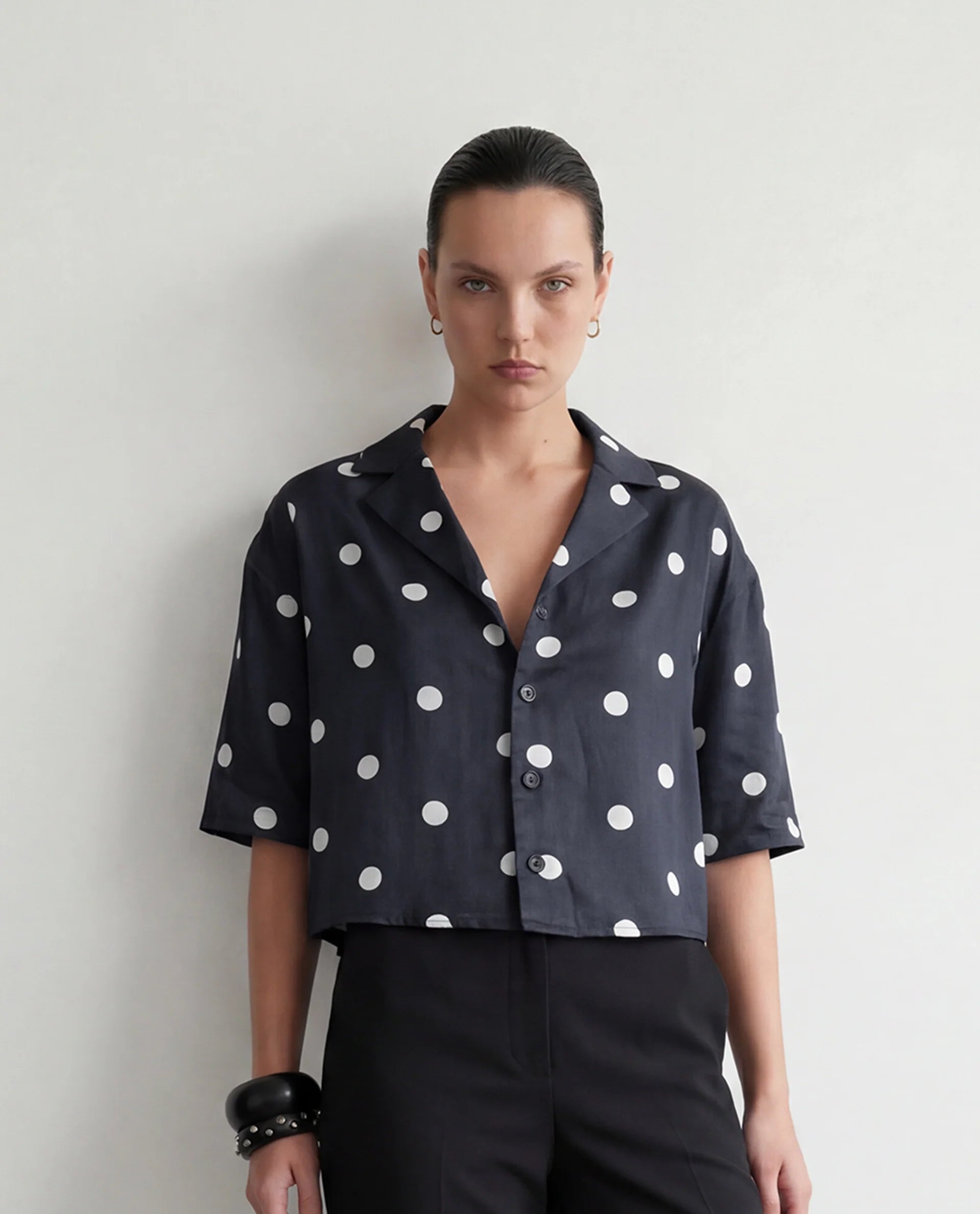 Rareism Women's Polbo Black Cotton Blend Lapel Neck Button Regular Polka Print Top