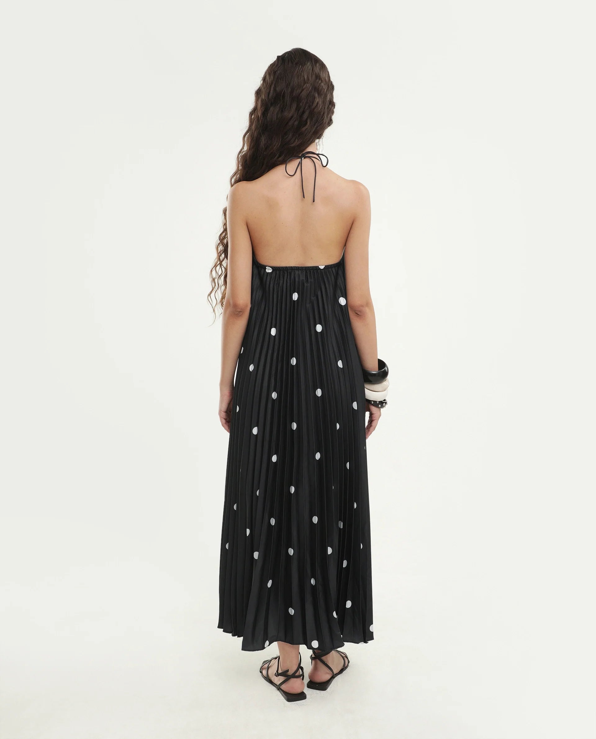 Rareism Women's Poli Black Polyester Halter Neck Button And Zip A-Line Polka Print Dress