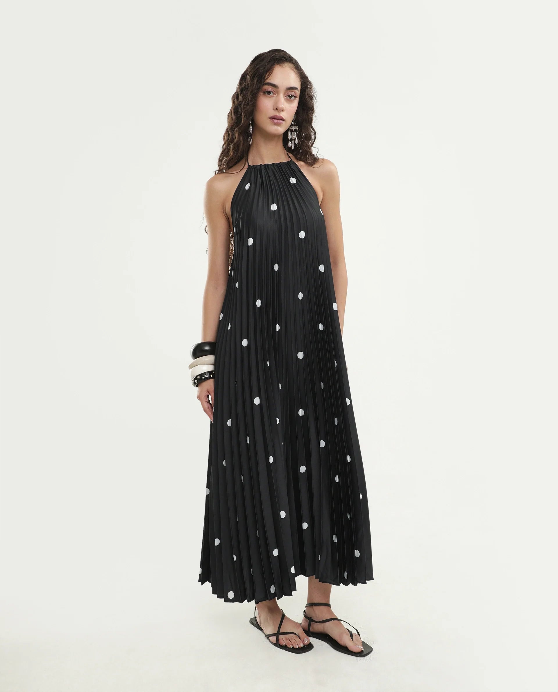 Rareism Women's Poli Black Polyester Halter Neck Button And Zip A-Line Polka Print Dress