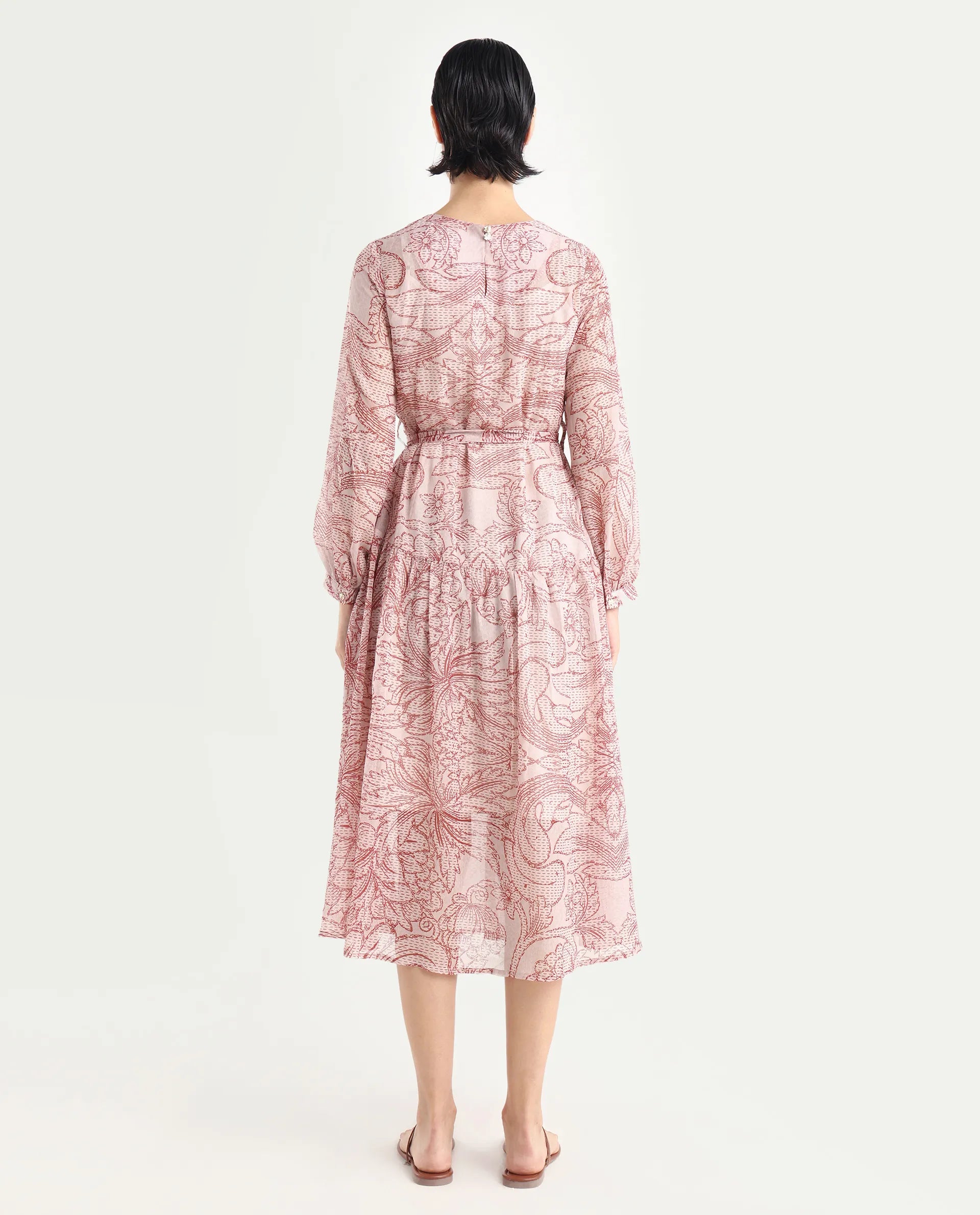 Rareism Women's Polima Multi Cotton Round Neck Abstract Print Bishop Sleeve Midi Flared Dress