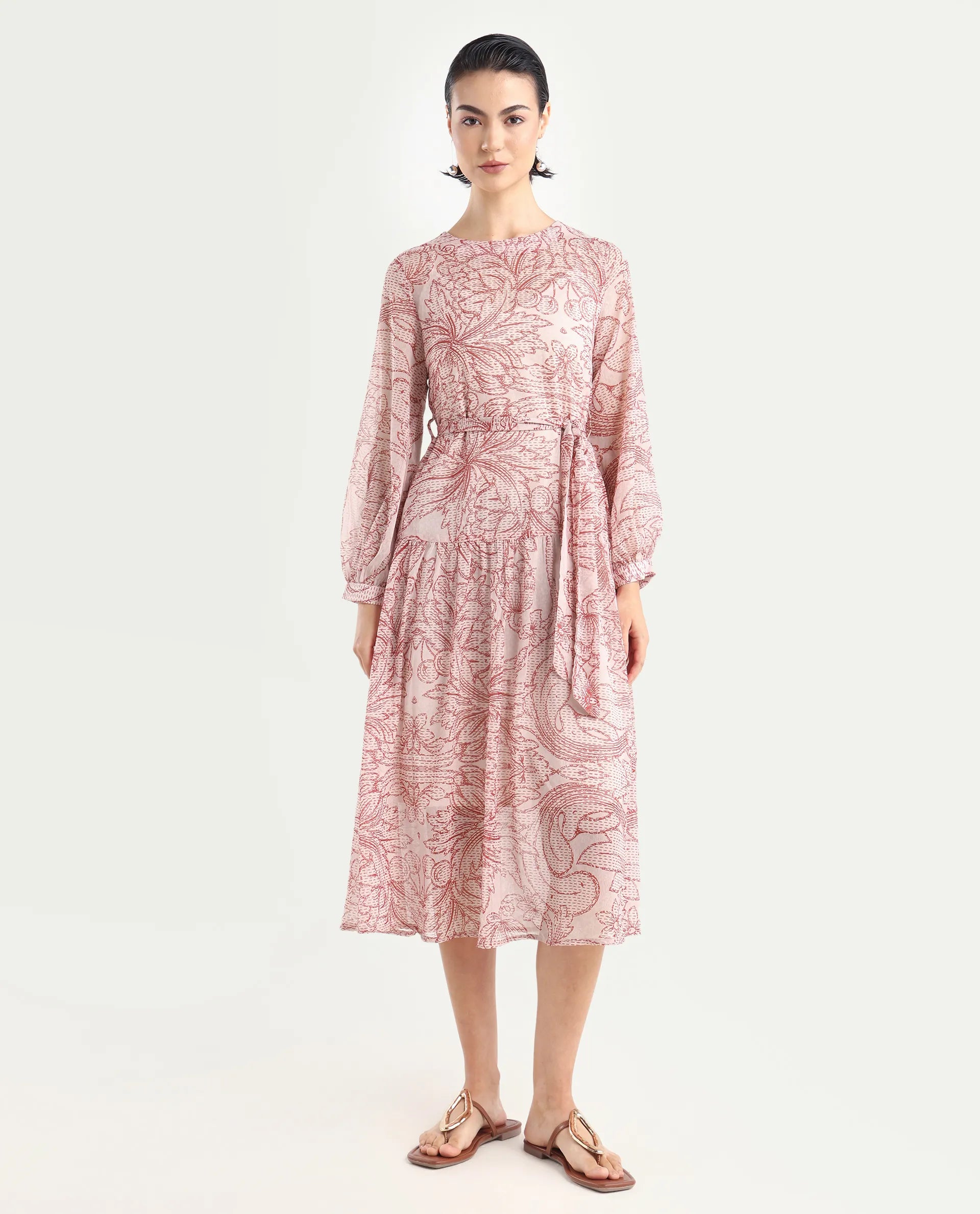 Rareism Women's Polima Multi Cotton Round Neck Abstract Print Bishop Sleeve Midi Flared Dress